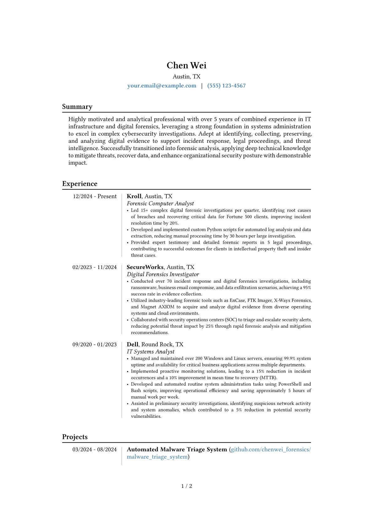 Forensic Computer Analyst resume example, Career changer, page 1