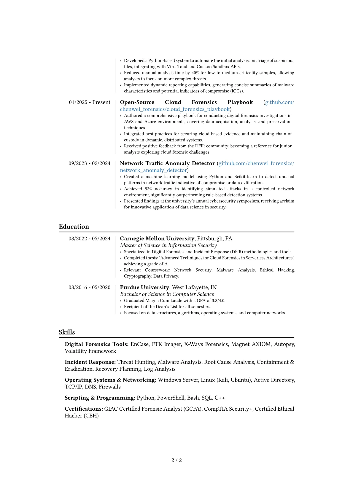 Forensic Computer Analyst resume example, Career changer, page 2