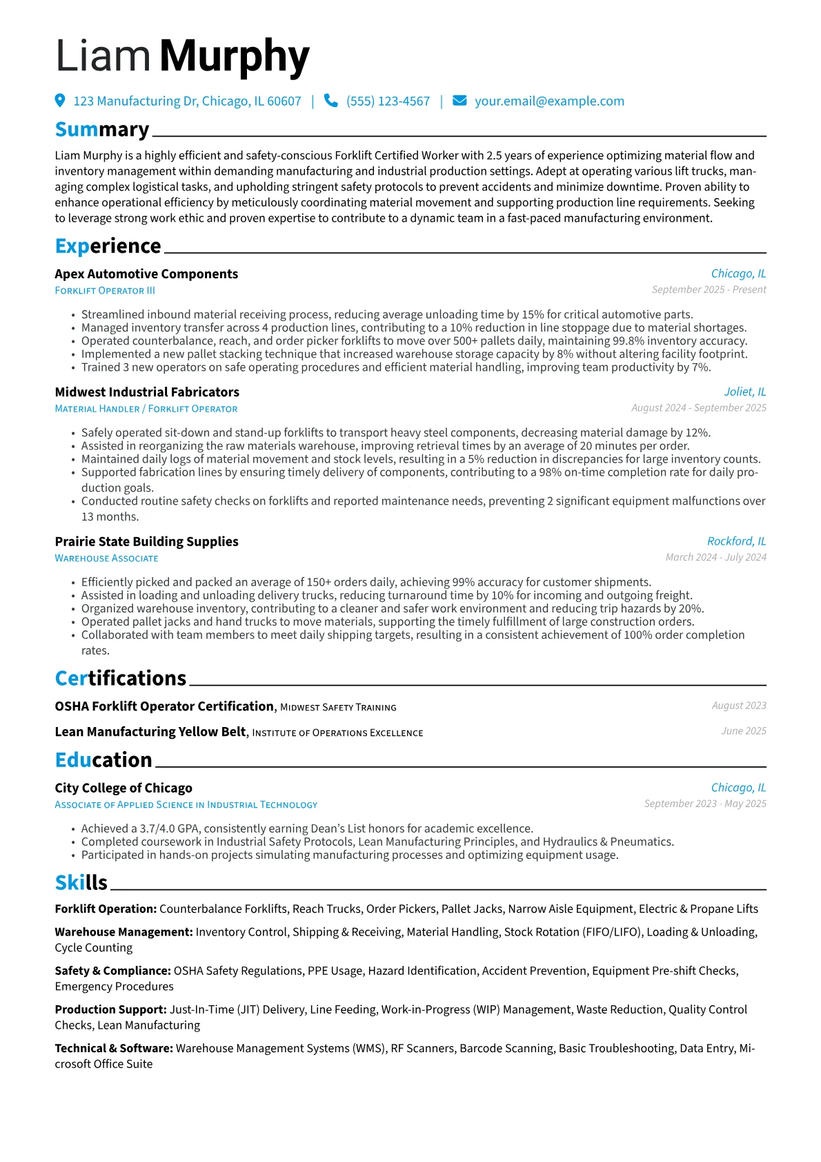 Forklift Certified Worker resume example, Forklift Certified Worker, page 1