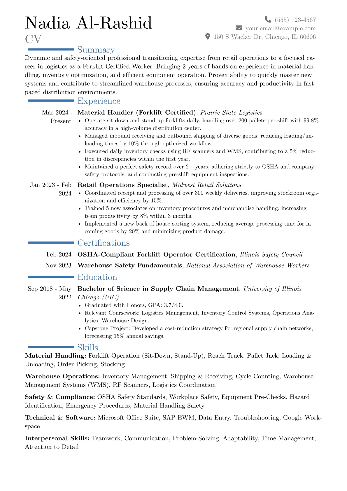 Forklift Certified Worker resume example, Career changer, page 1
