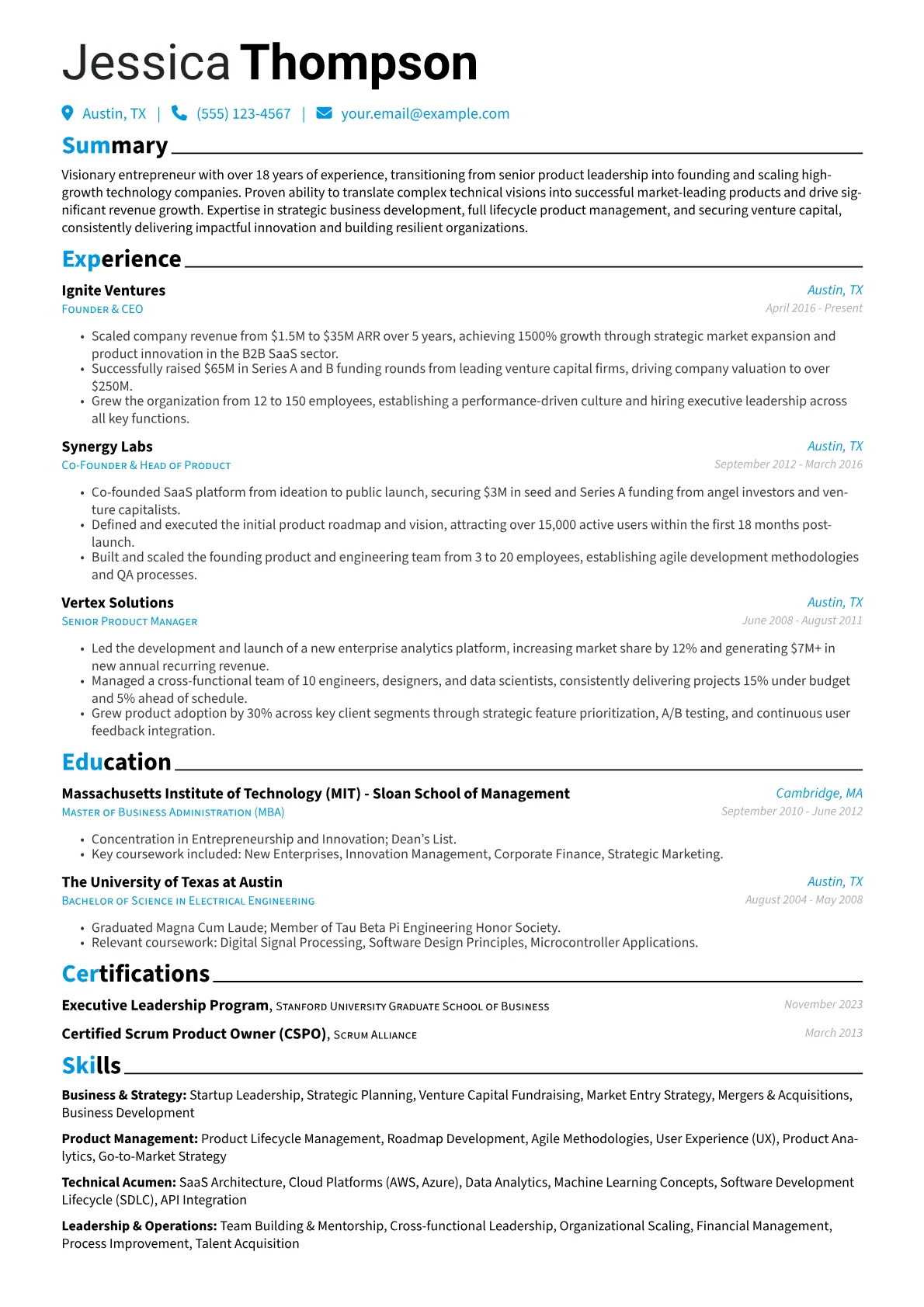 Founder resume example, Career changer, page 1
