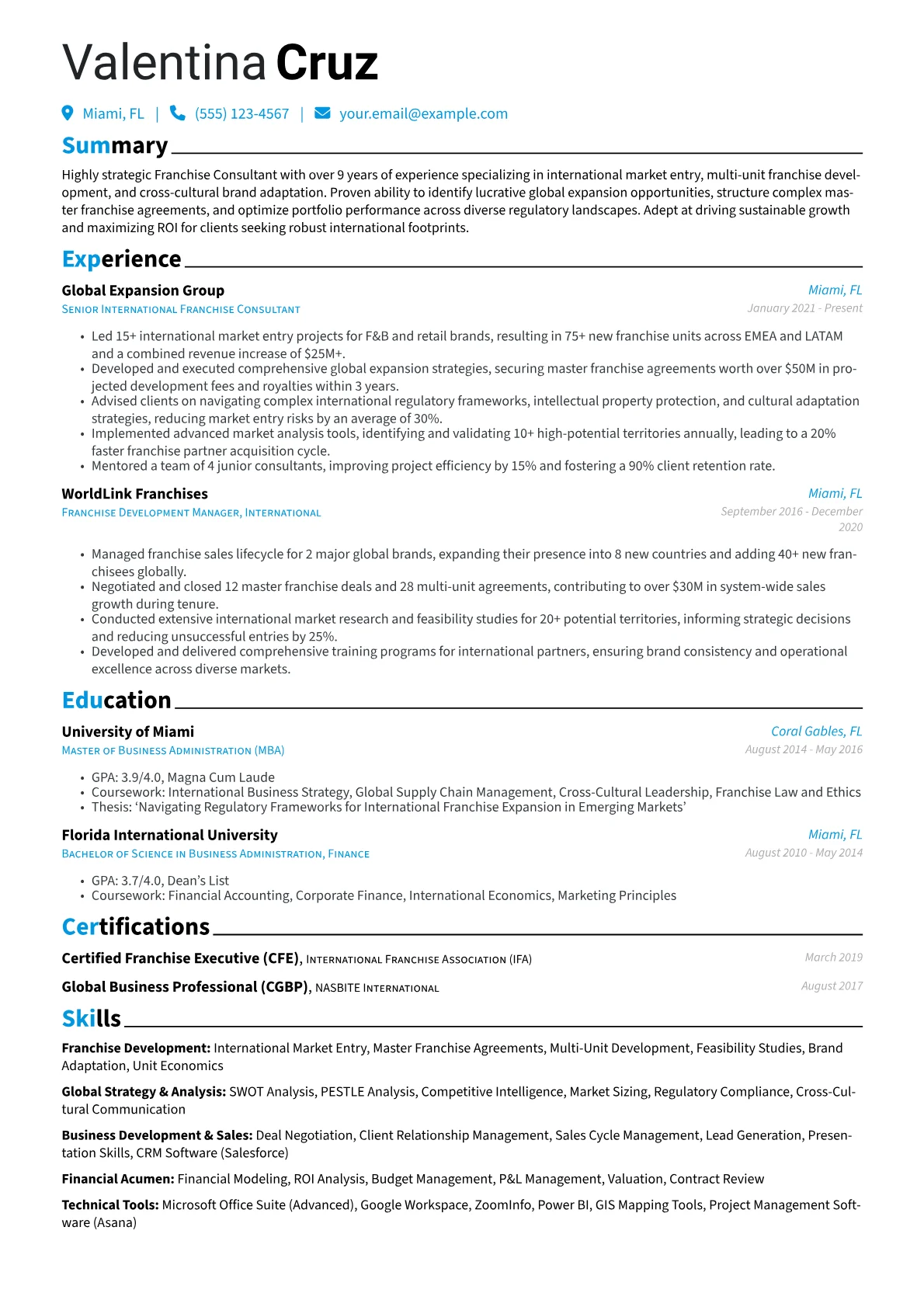 Franchise Consultant resume example, International Franchise, page 1