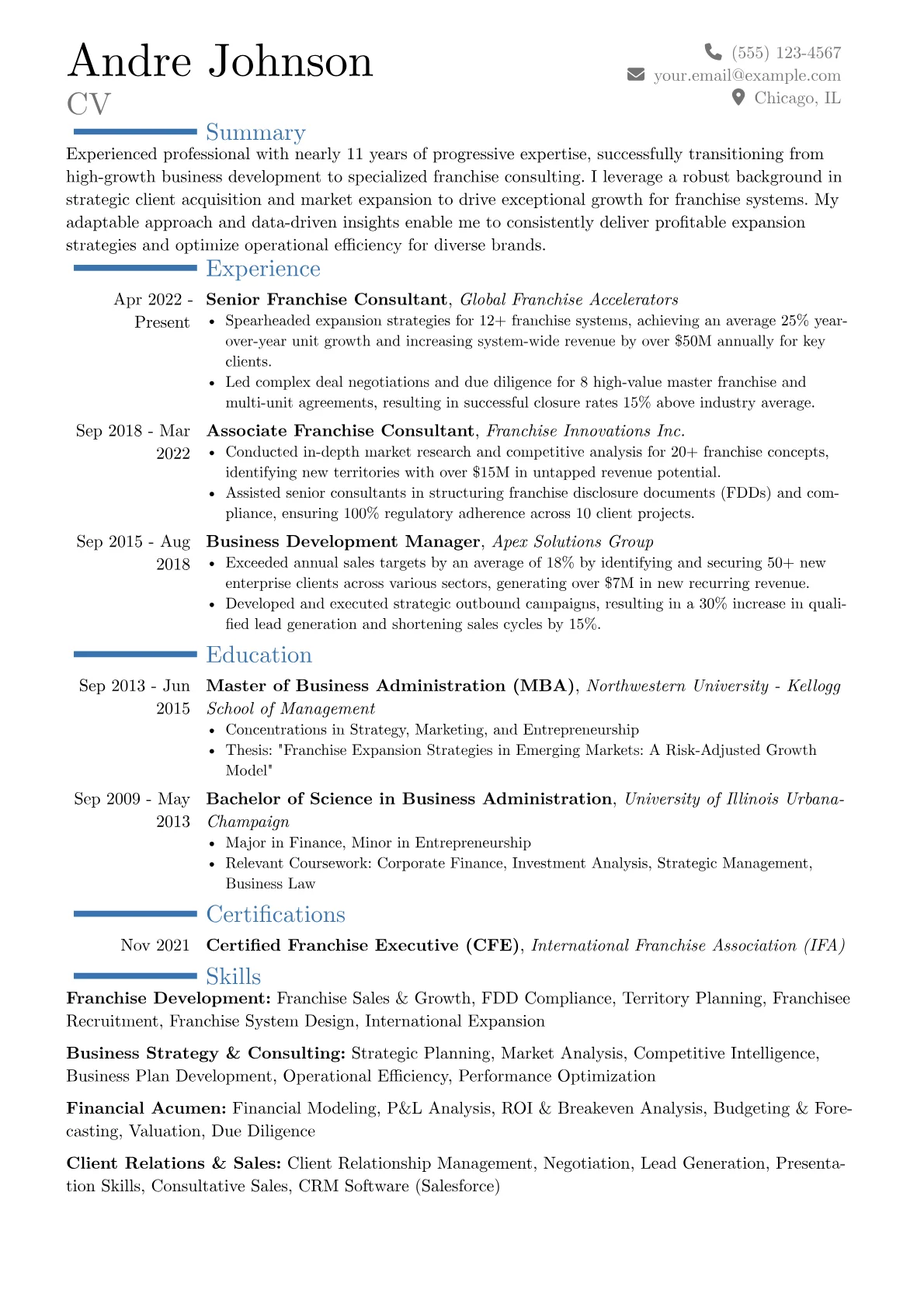 Franchise Consultant resume example, Career changer, page 1