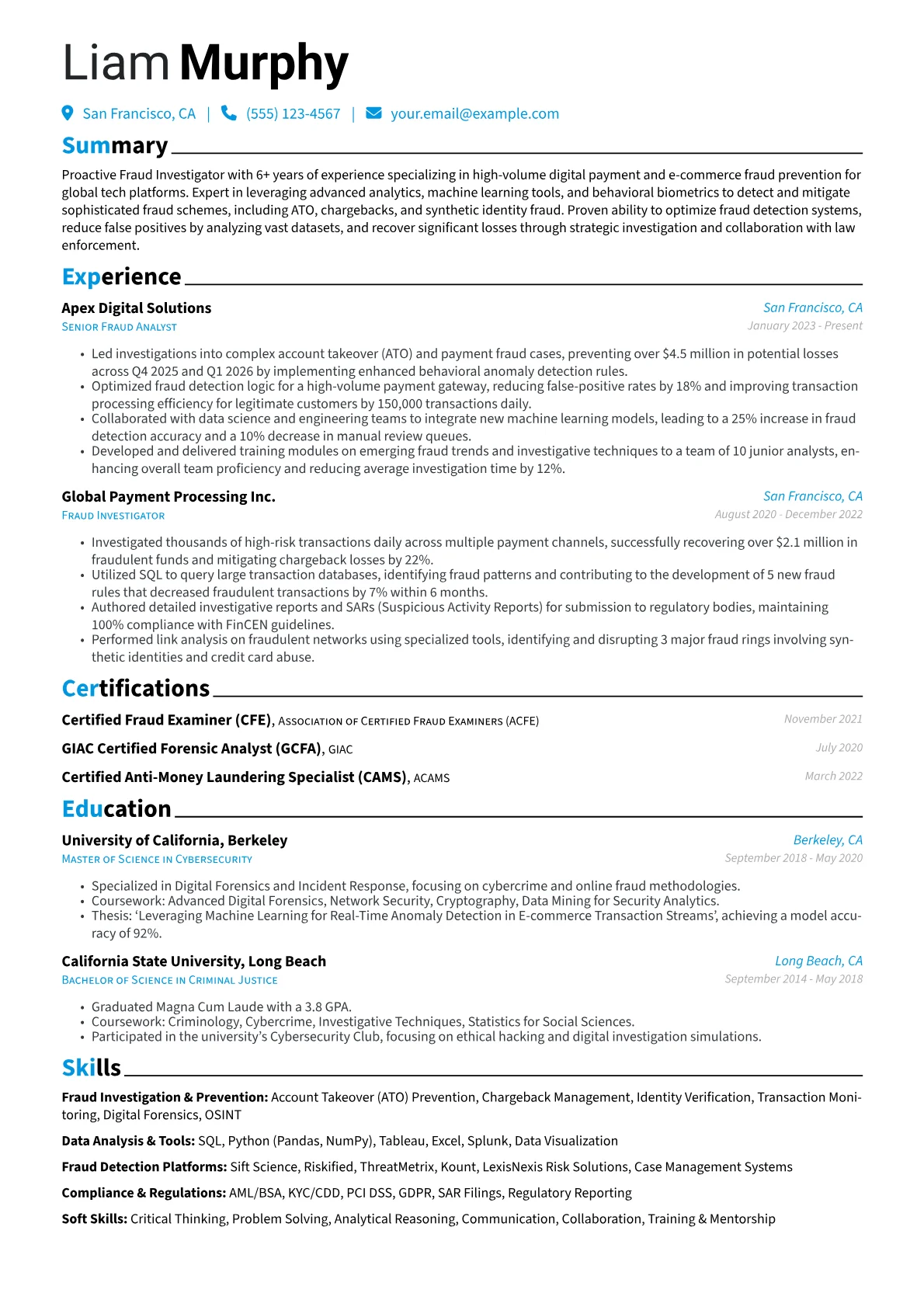Fraud Investigator resume example, Digital Payments, page 1