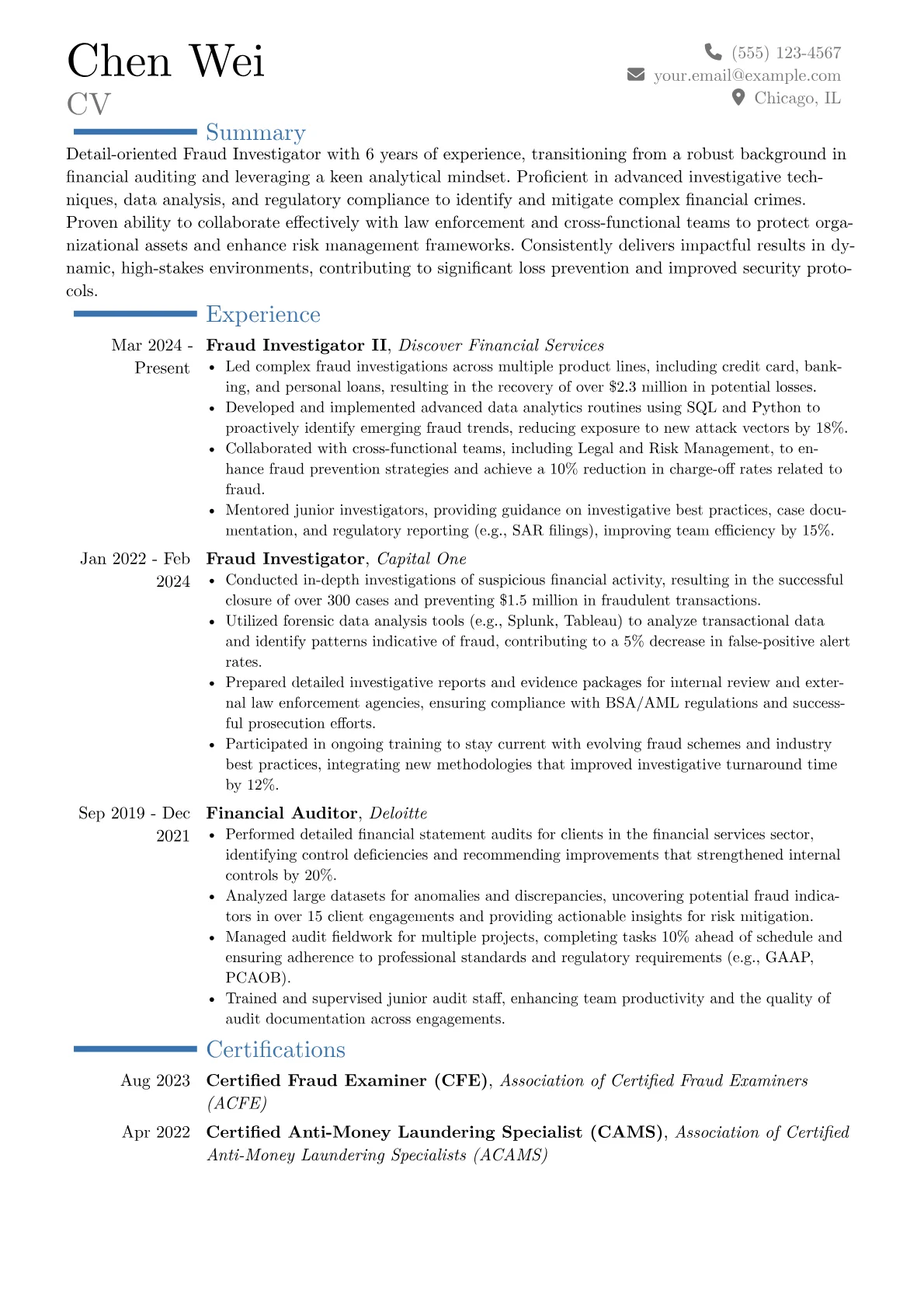 Fraud Investigator resume example, Career changer, page 1