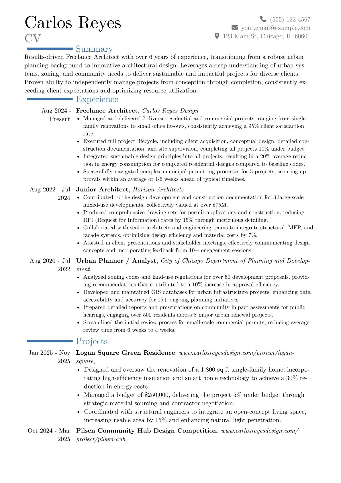 Freelance Architect resume example, Career changer, page 1