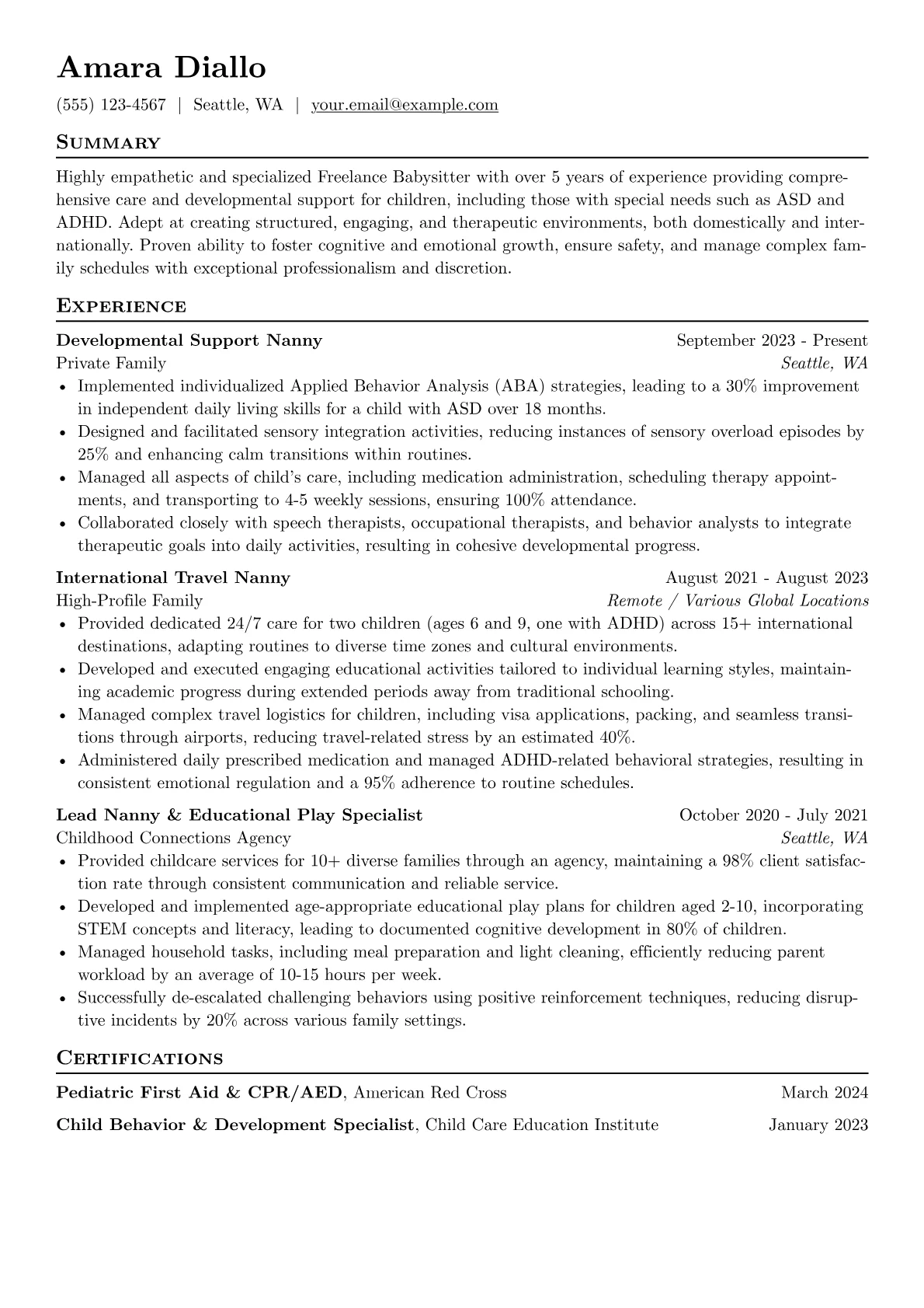 Freelance Babysitter resume example, Freelance Babysitter, page 1