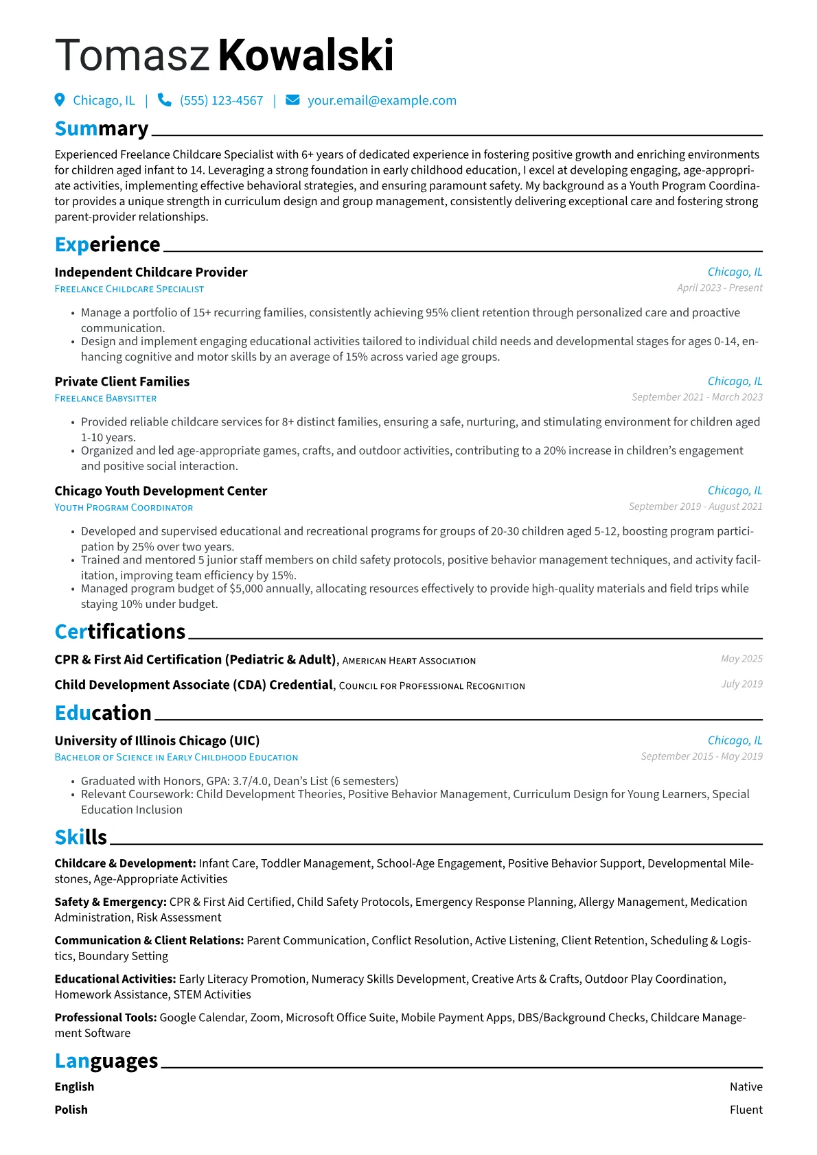Freelance Babysitter resume example, Career changer, page 1