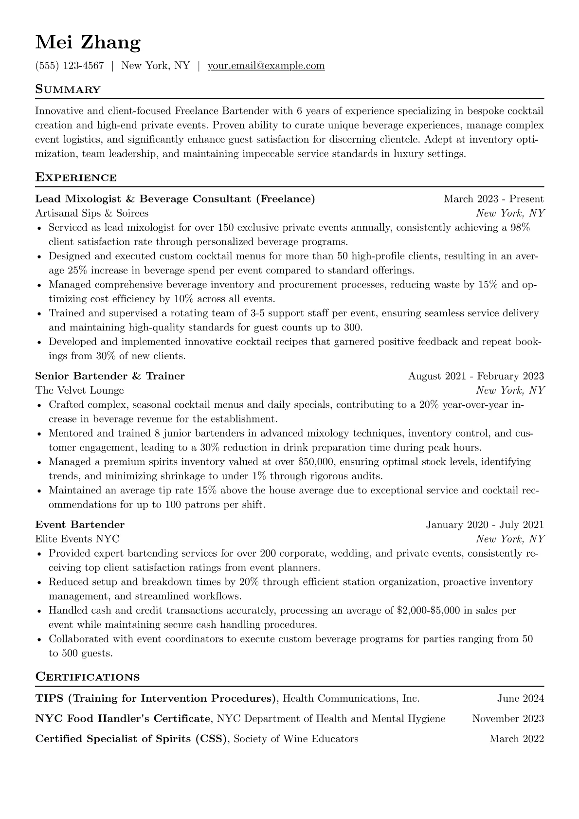 Freelance Bartender resume example, Freelance Bartender, page 1