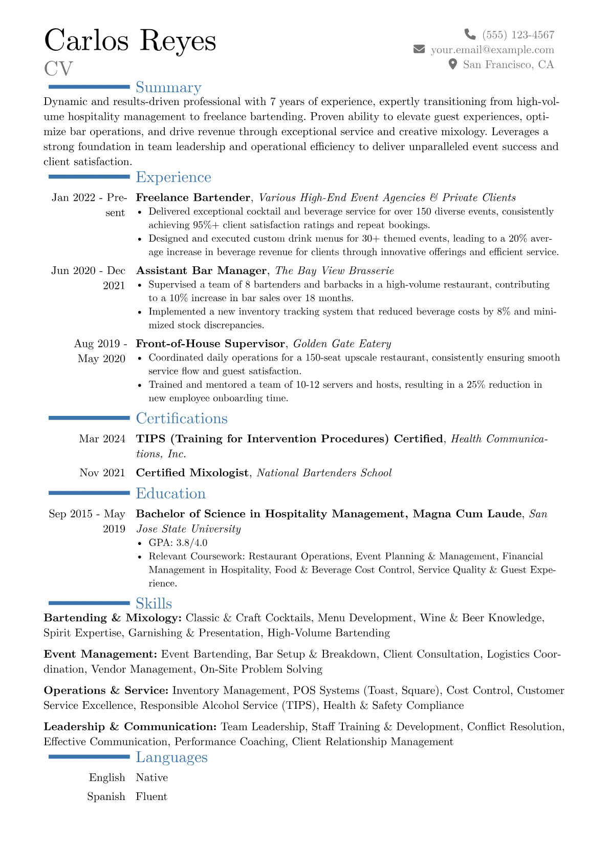 Freelance Bartender resume example, Career changer, page 1