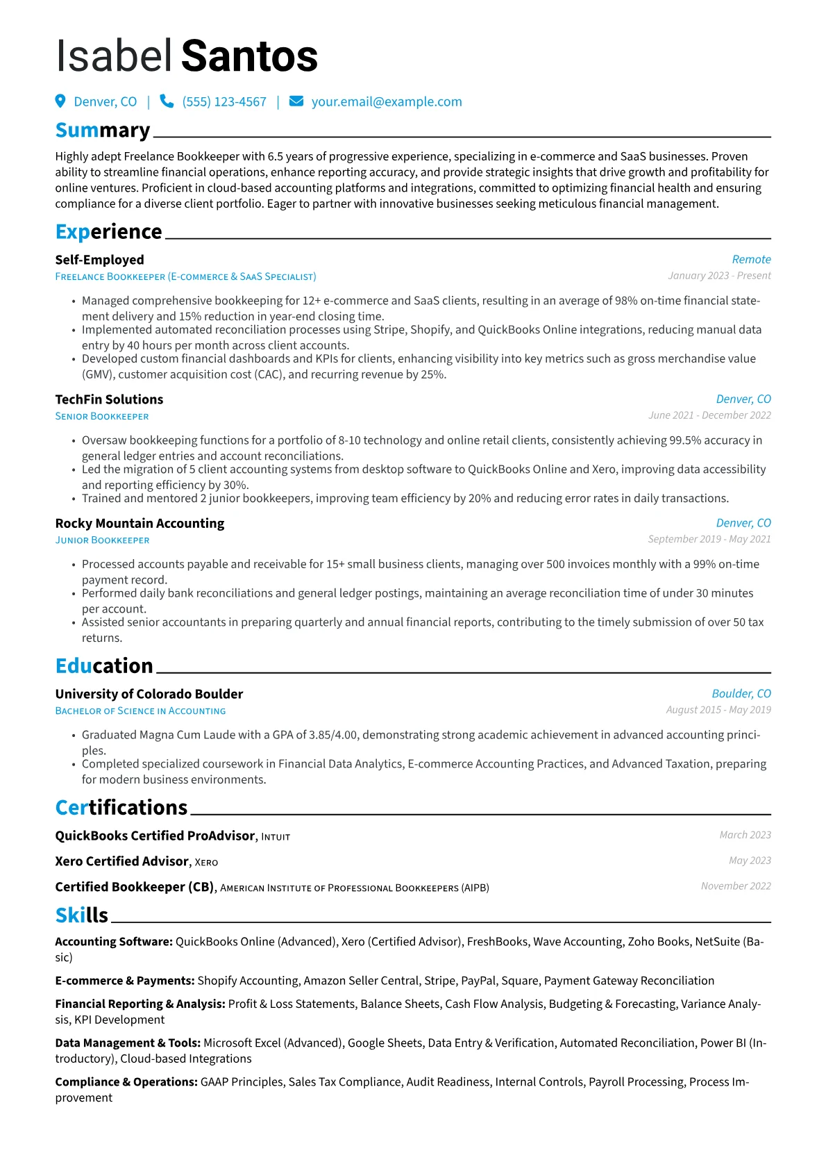 Freelance Bookkeeper resume example, E-commerce & SaaS, page 1