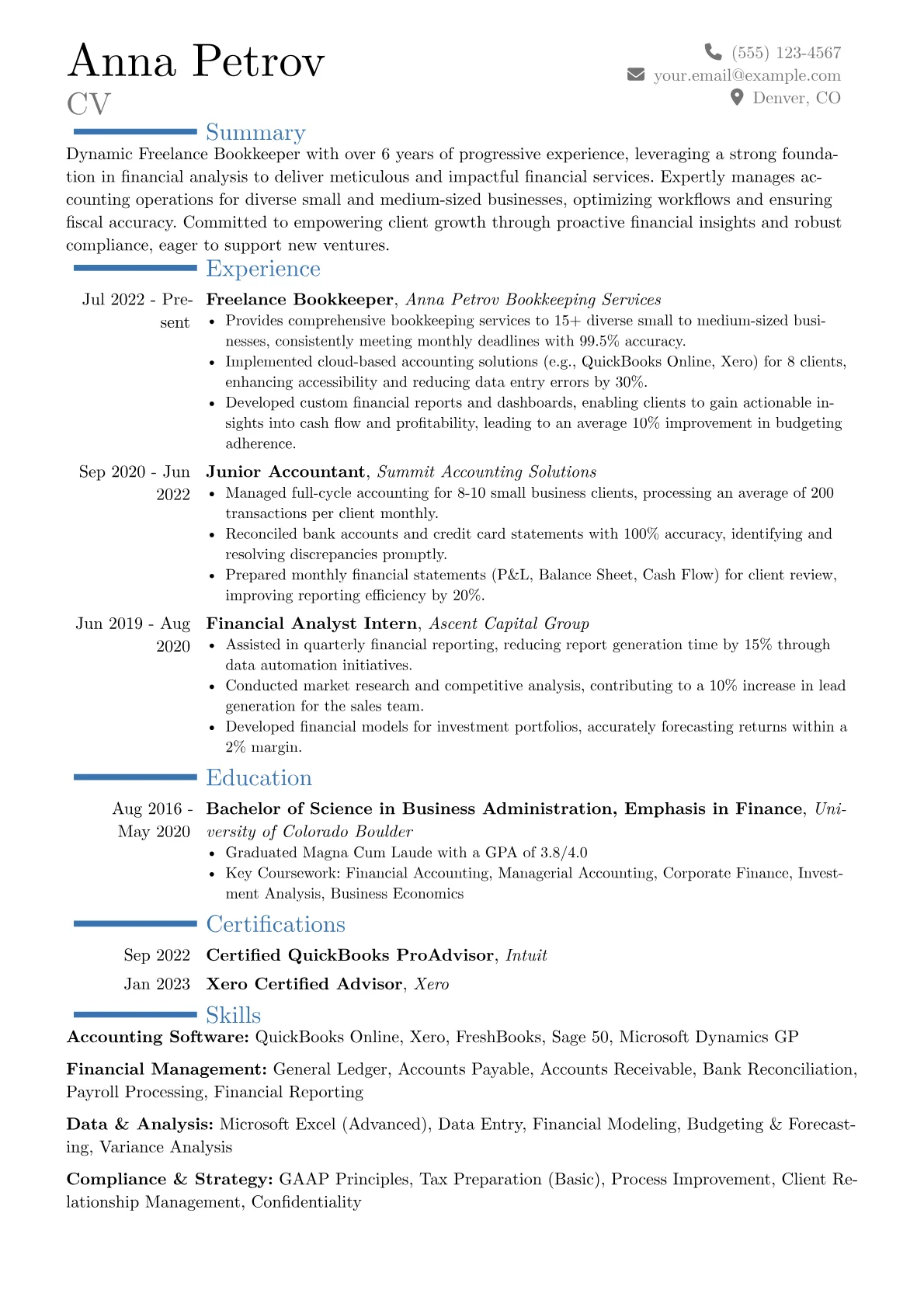 Freelance Bookkeeper resume example, Career changer, page 1