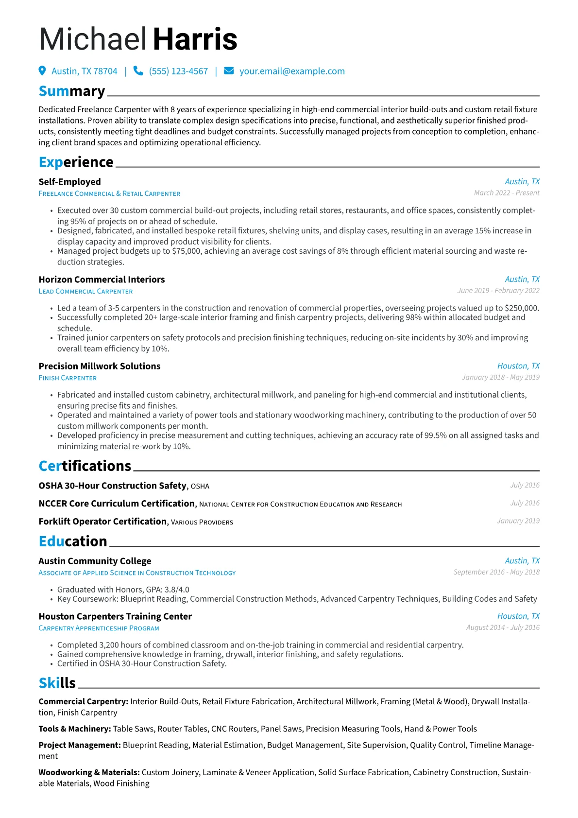 Freelance Carpenter resume example, Freelance Carpenter, page 1