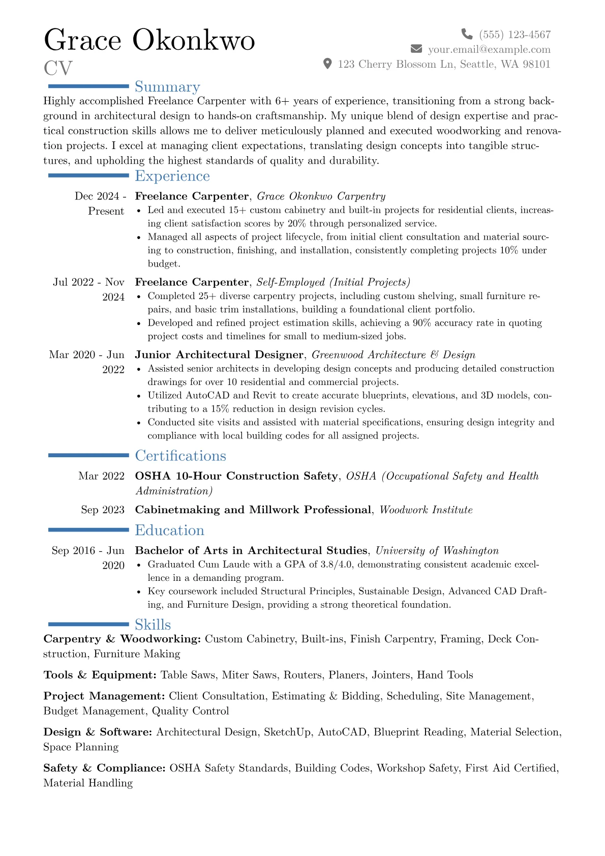 Freelance Carpenter resume example, Career changer, page 1