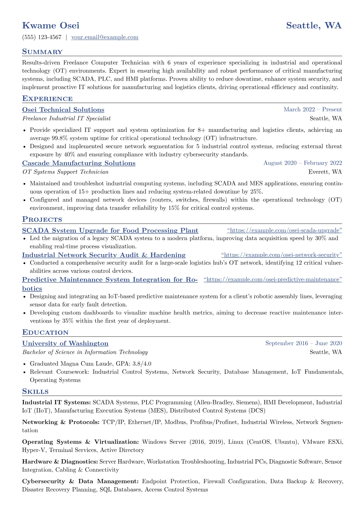 Freelance Computer Technician resume example, Industrial Systems IT, page 1