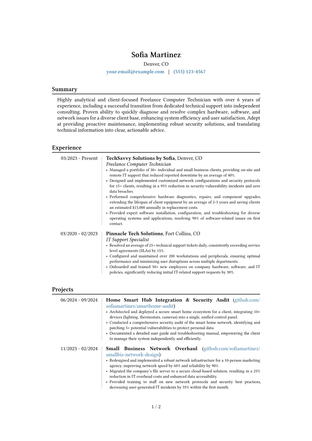 Freelance Computer Technician resume example, Career changer, page 1