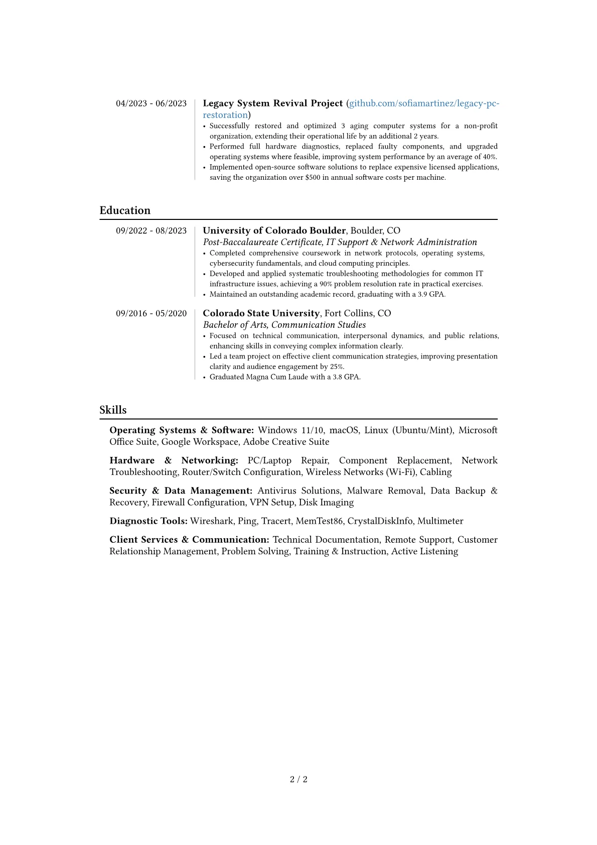 Freelance Computer Technician resume example, Career changer, page 2