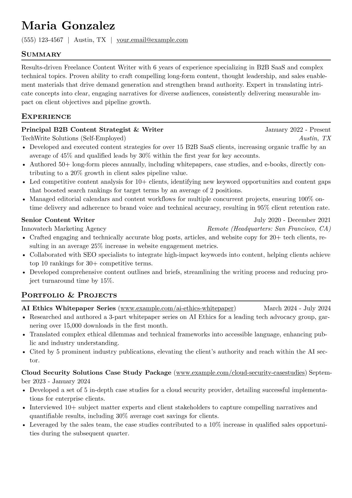 Freelance Content Writer resume example, Content Strategy, page 1