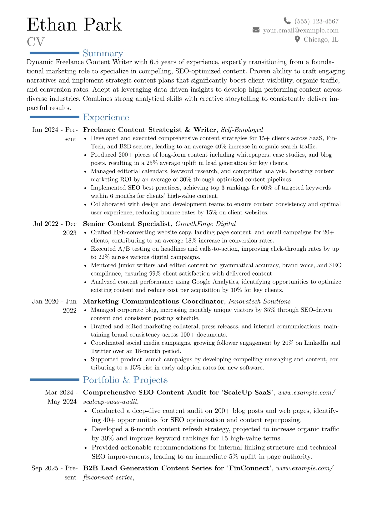 Freelance Content Writer resume example, Career changer, page 1