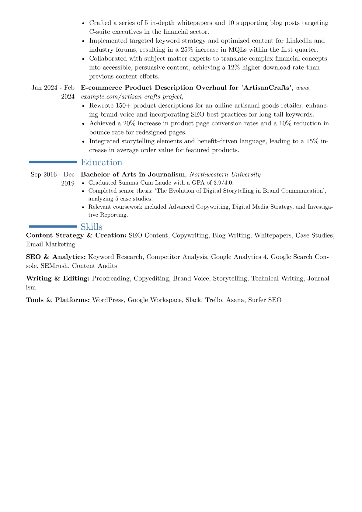 Freelance Content Writer resume example, Career changer, page 2