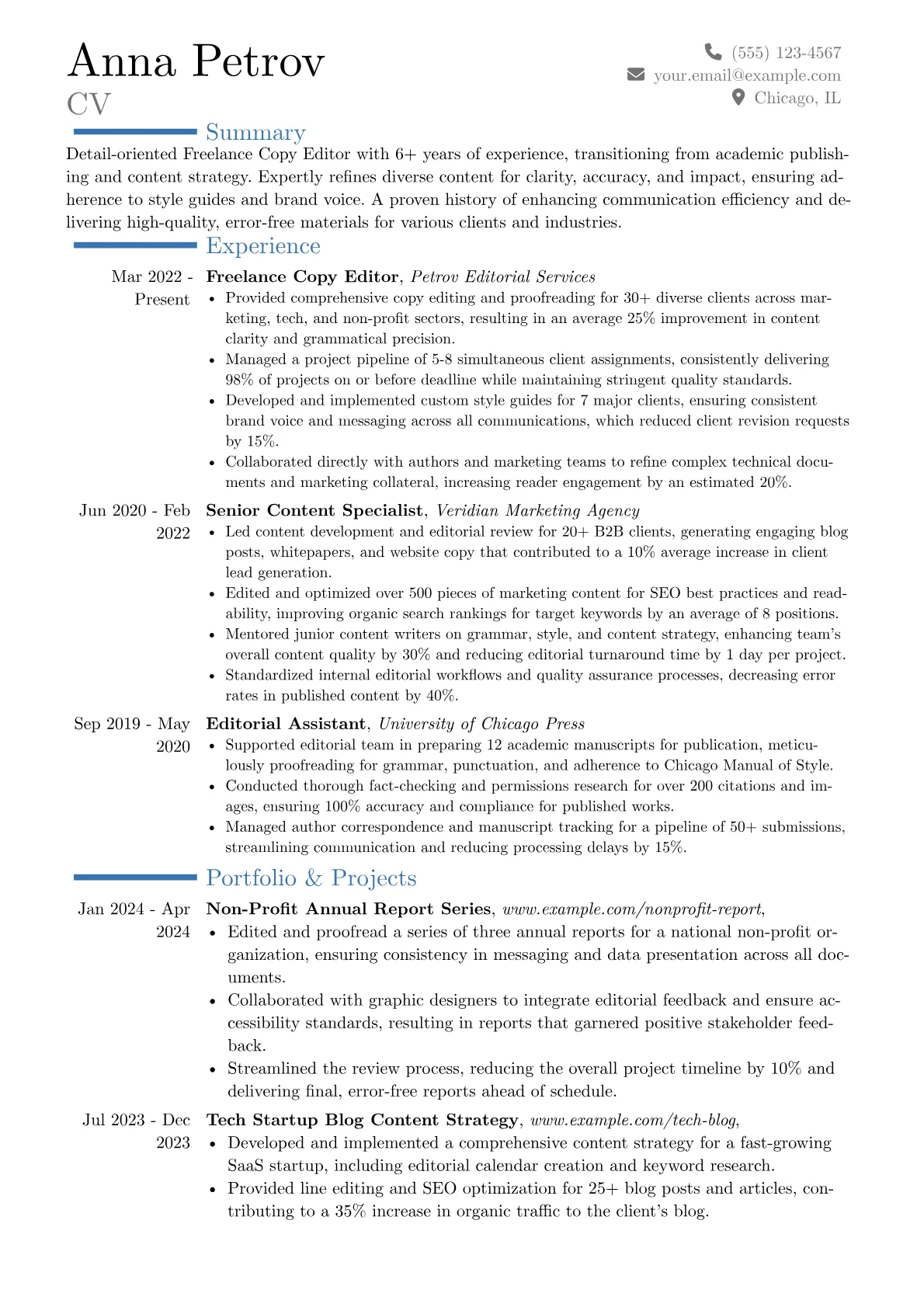 Freelance Copy Editor resume example, Career changer, page 1