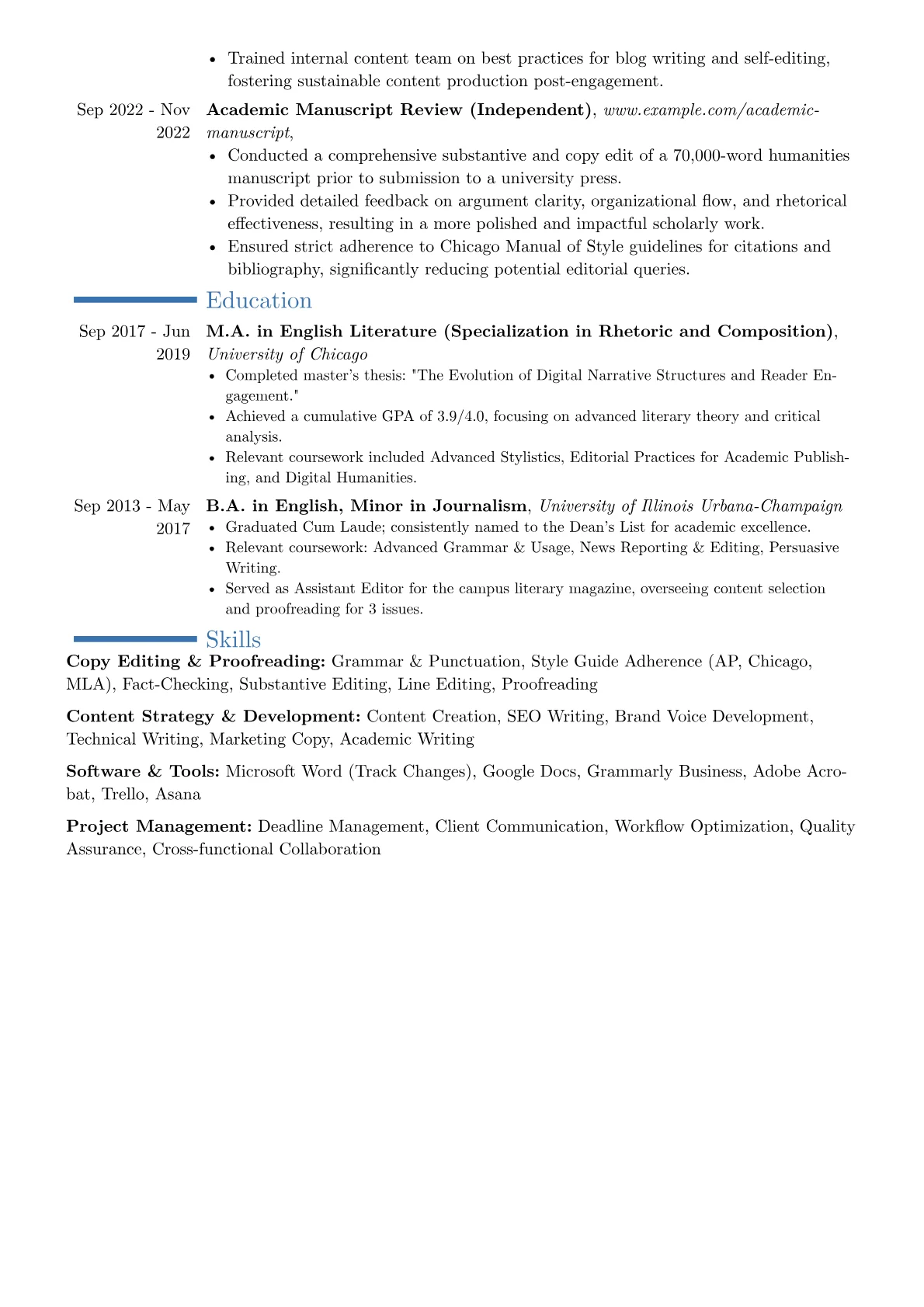 Freelance Copy Editor resume example, Career changer, page 2