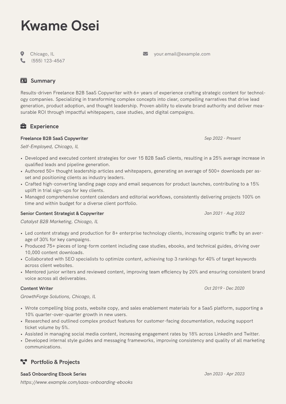 Freelance Copywriter resume example, B2B SaaS Freelance, page 1