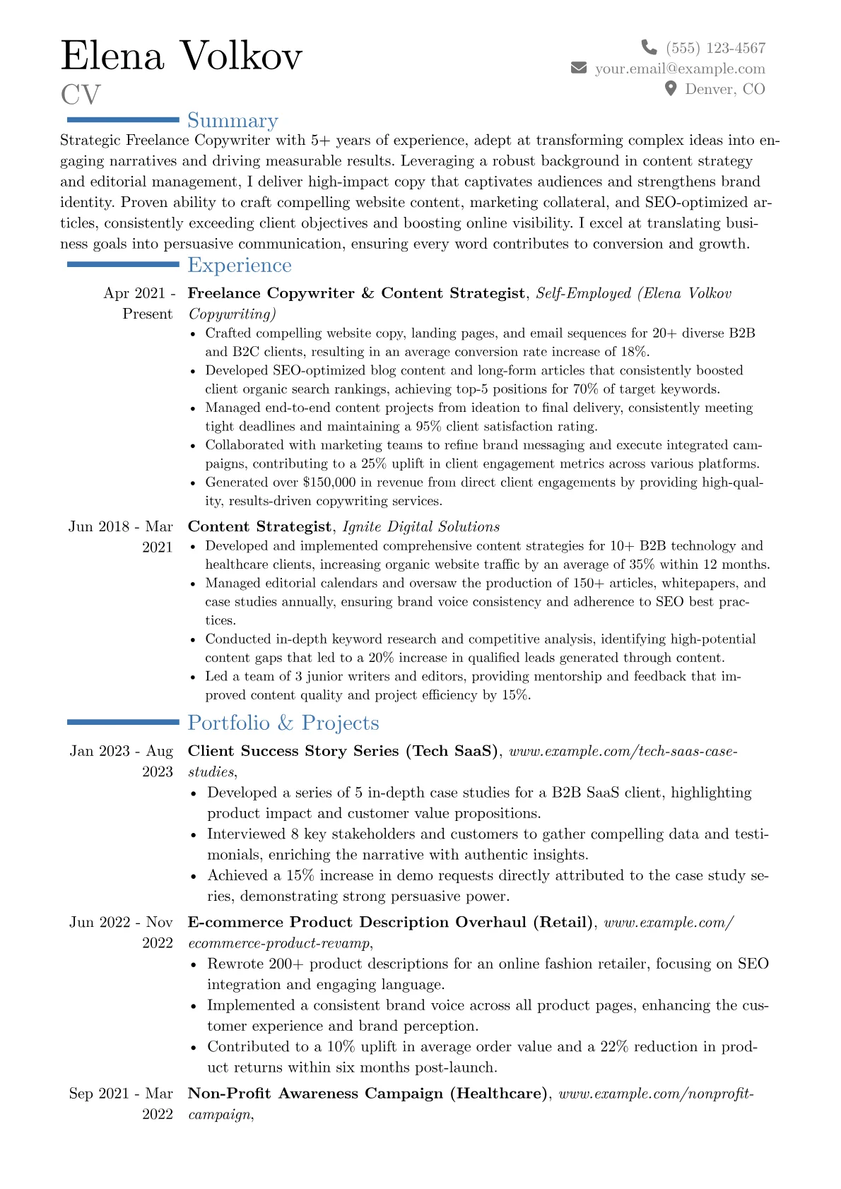 Freelance Copywriter resume example, Career changer, page 1