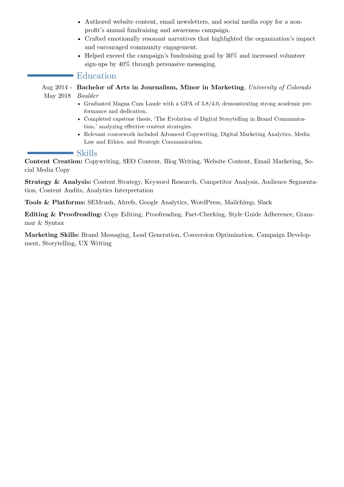 Freelance Copywriter resume example, Career changer, page 2