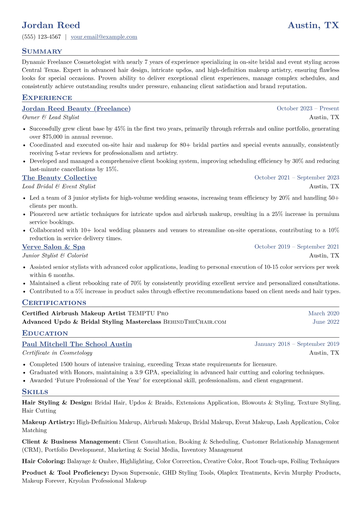 Freelance Cosmetologist resume example, Hair Styling & Design, page 1