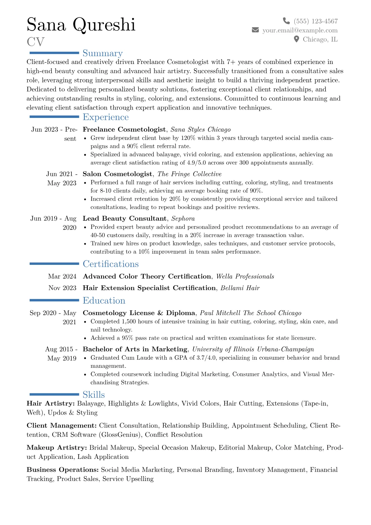 Freelance Cosmetologist resume example, Career changer, page 1