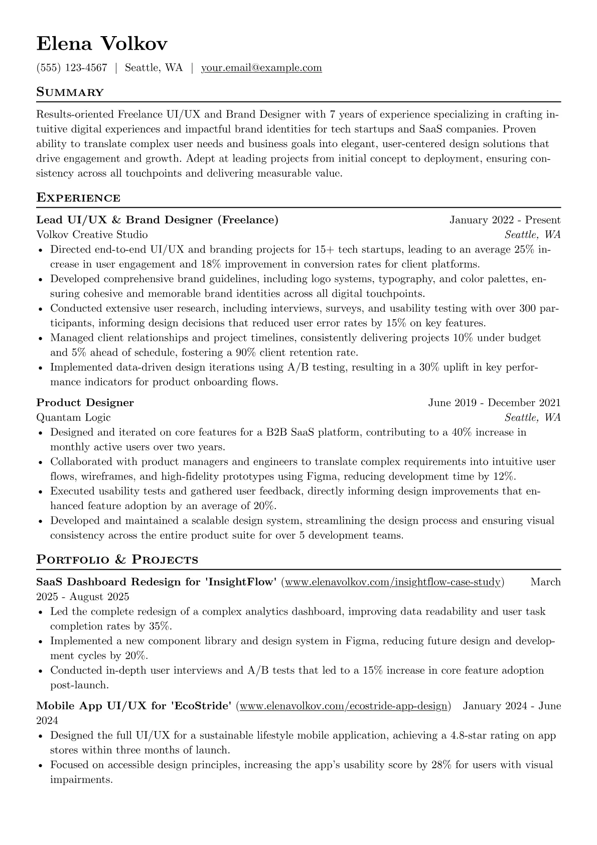 Freelance Designer resume example, Freelance UI/UX & Brand, page 1