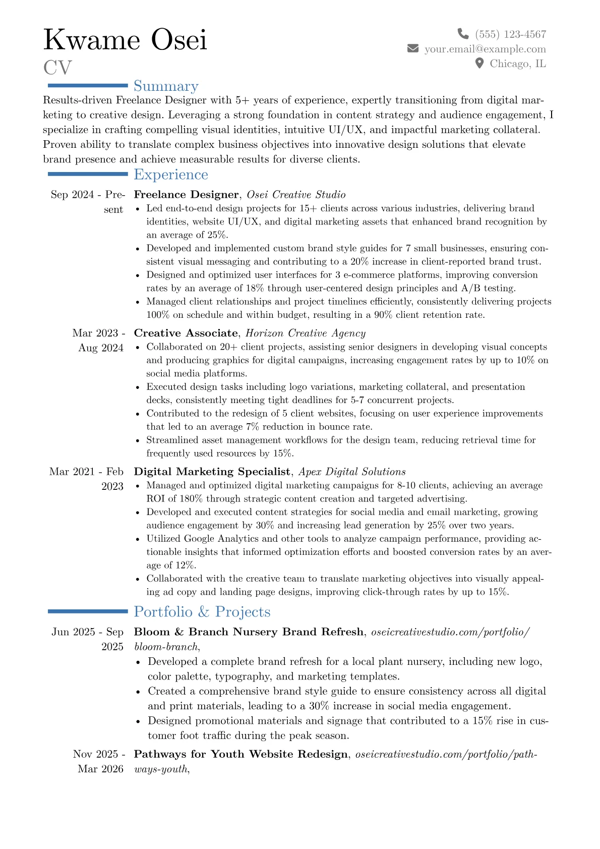 Freelance Designer resume example, Career changer, page 1