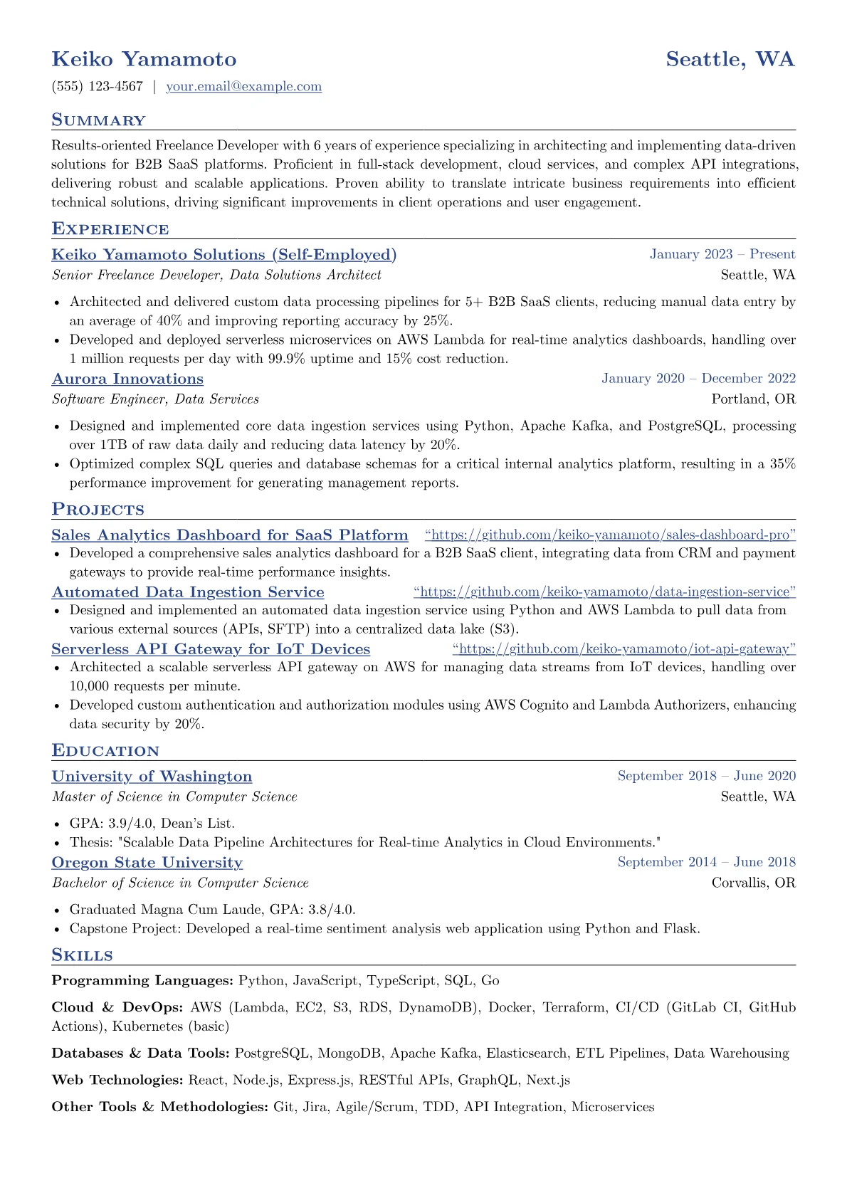 Freelance Developer resume example, Programming Languages, page 1