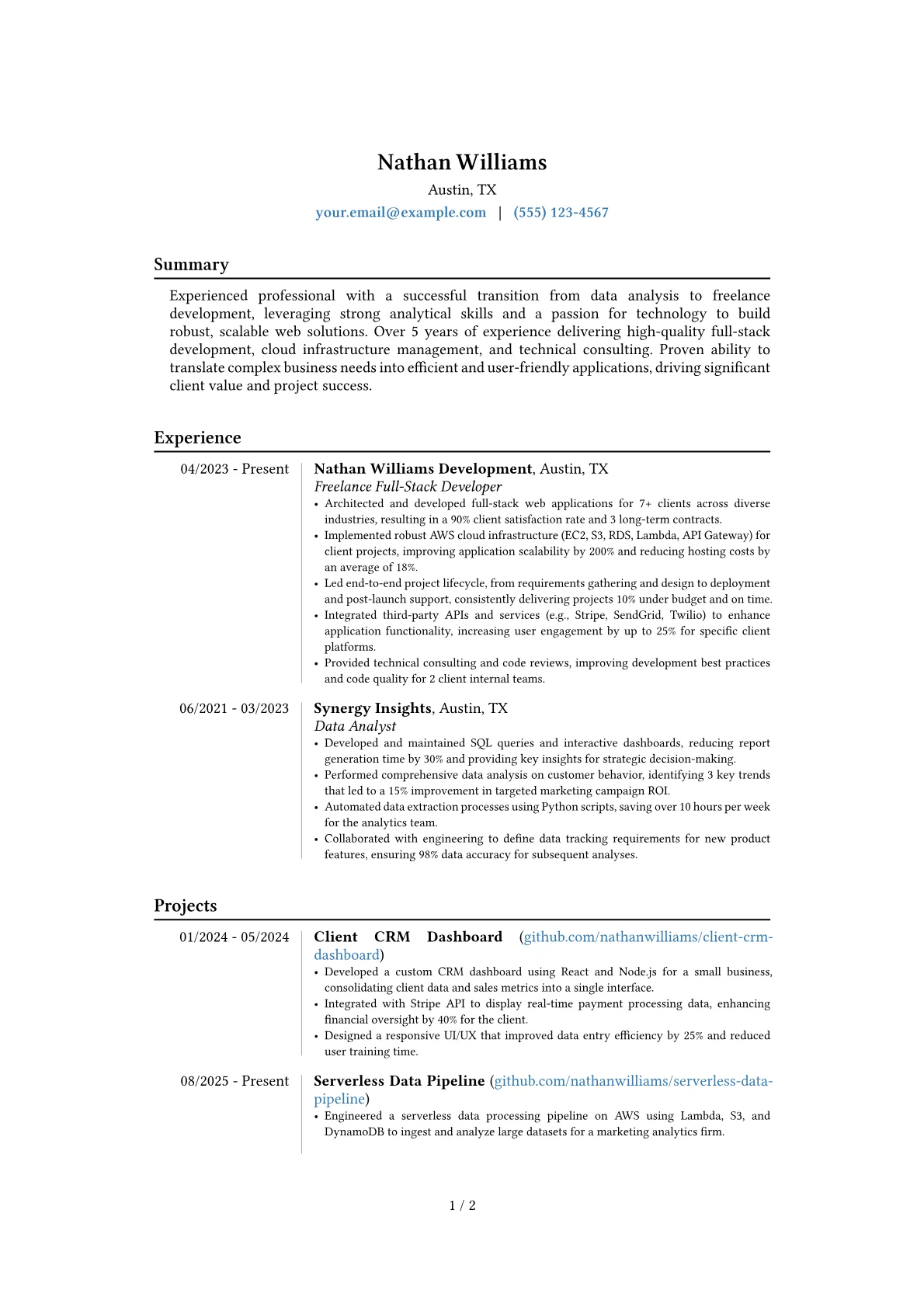 Freelance Developer resume example, Career changer, page 1