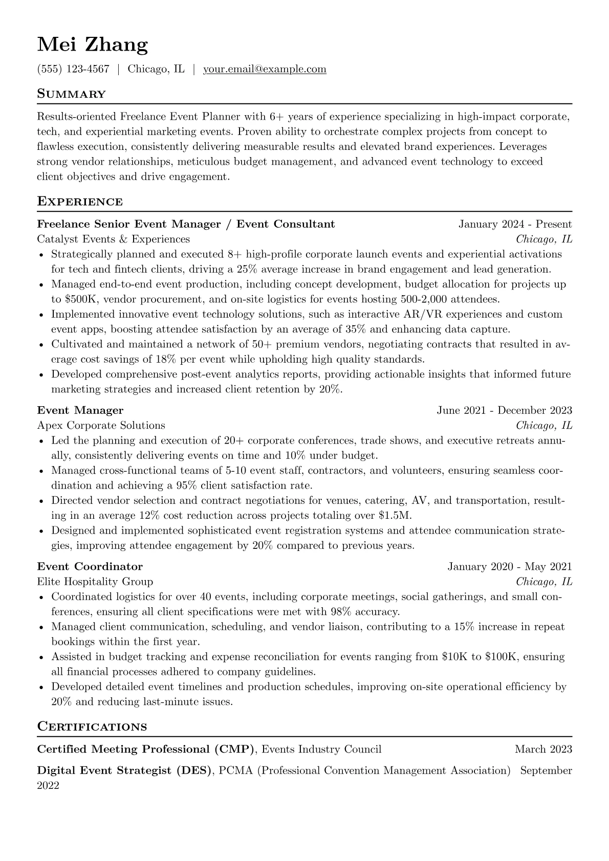 Freelance Event Planner resume example, Corporate & Experiential, page 1
