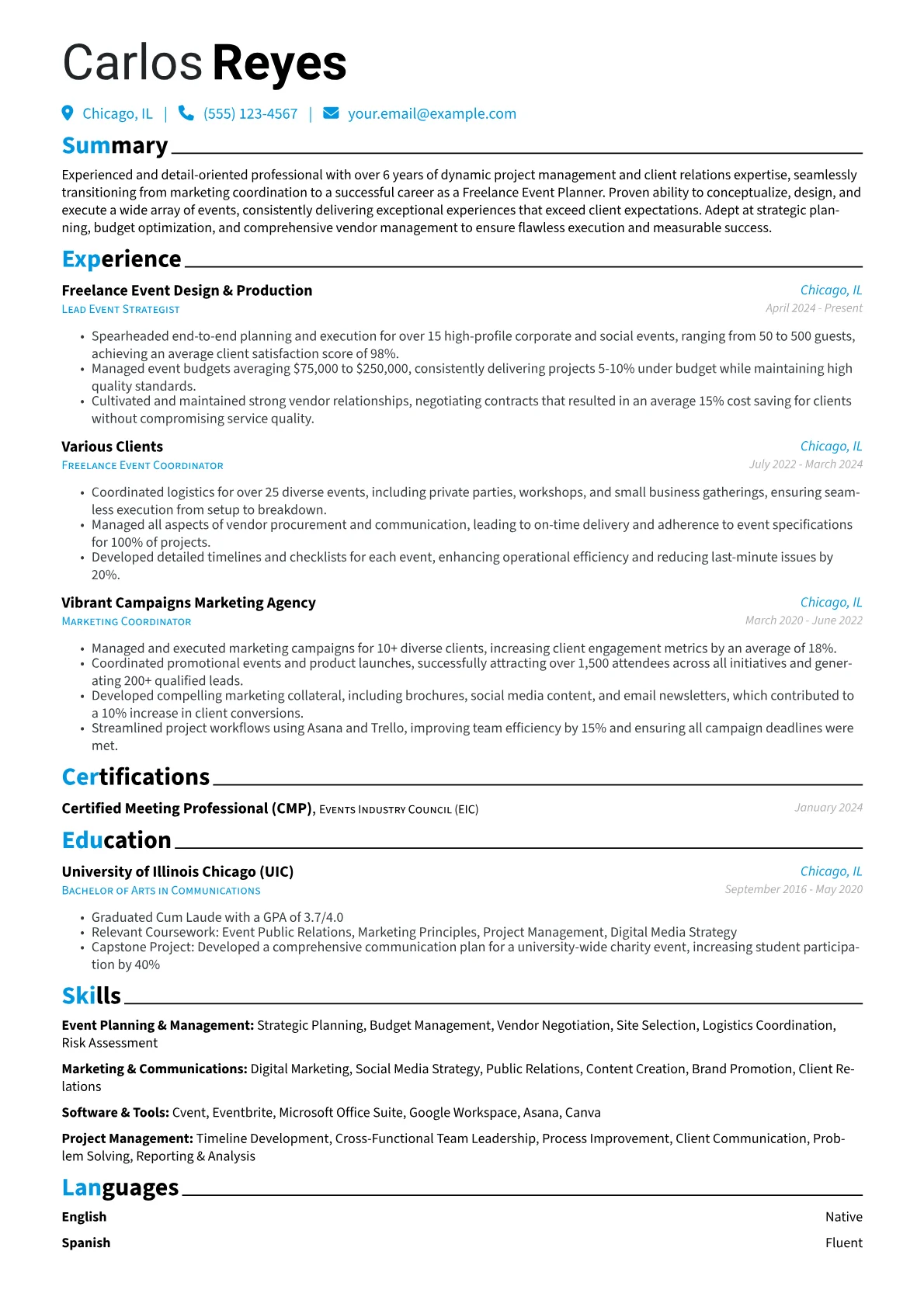 Freelance Event Planner resume example, Career changer, page 1