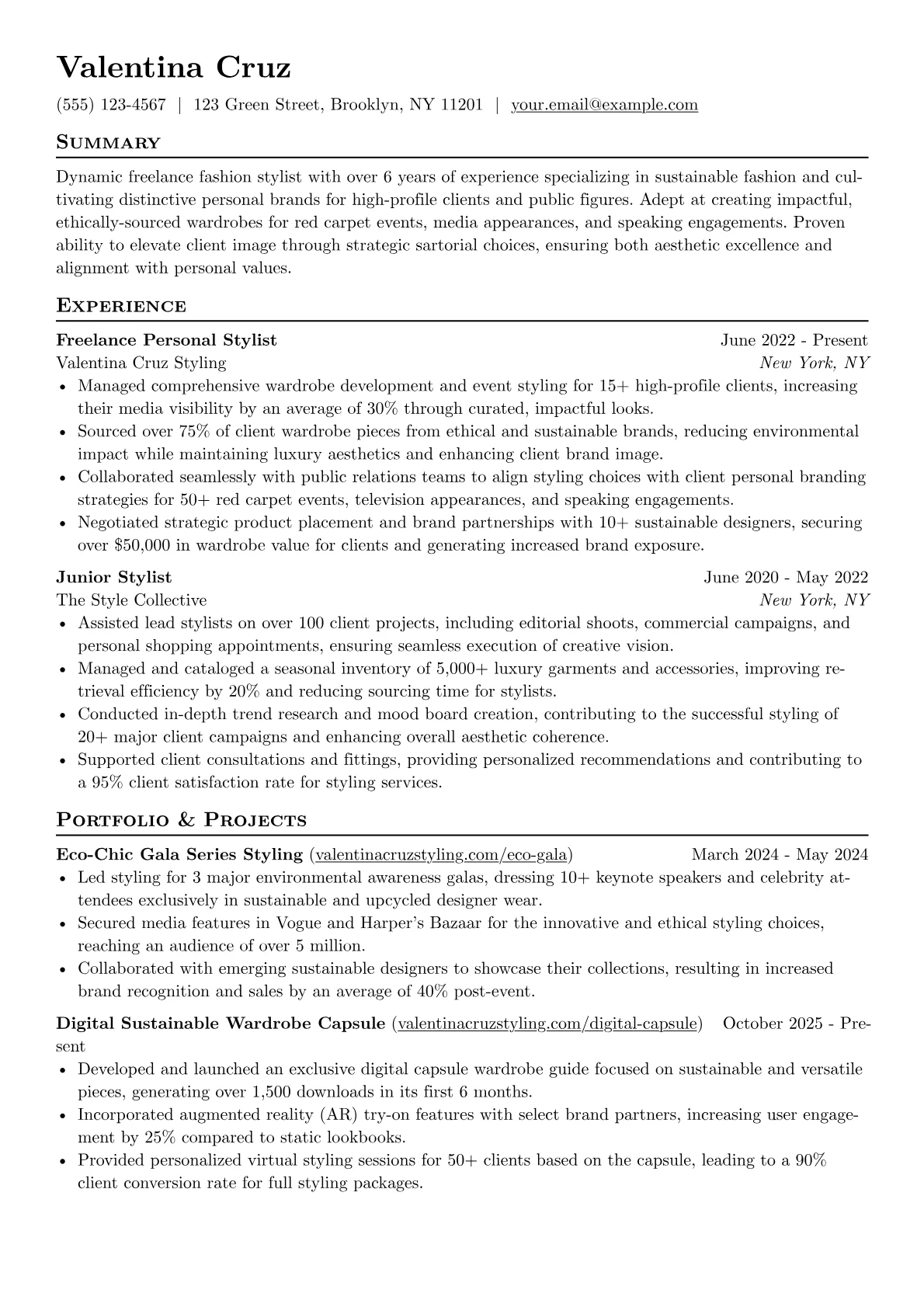 Freelance Fashion Stylist resume example, Sustainable & High-Profile, page 1