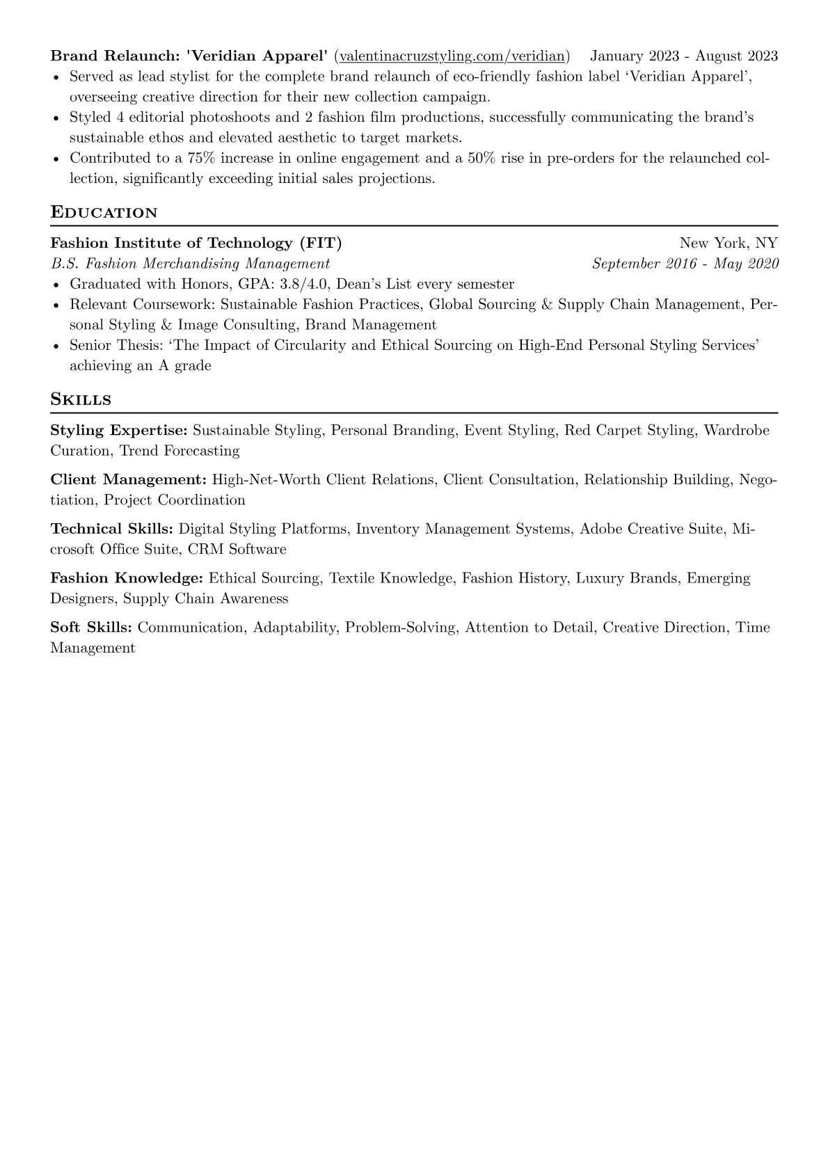 Freelance Fashion Stylist resume example, Sustainable & High-Profile, page 2