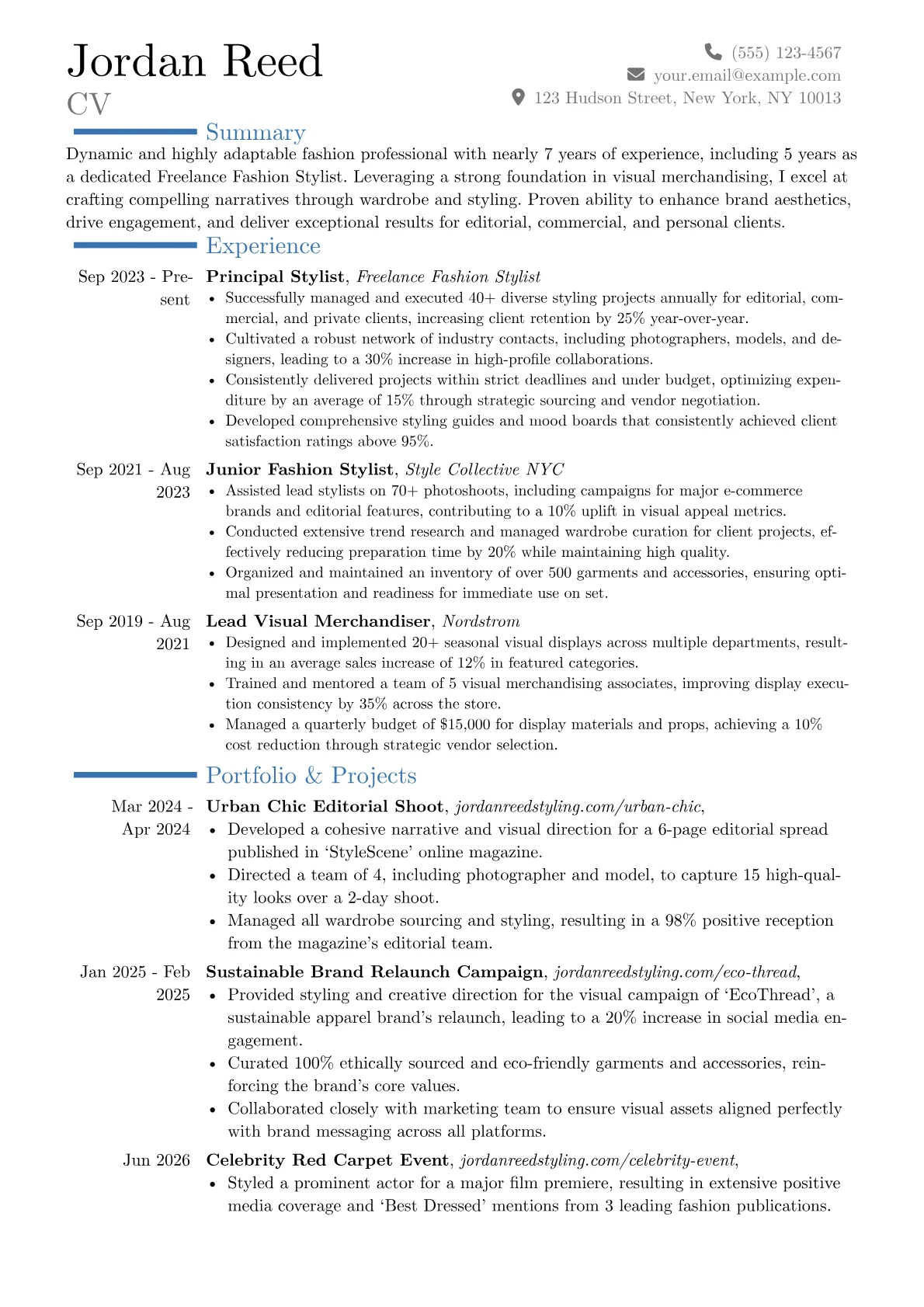Freelance Fashion Stylist resume example, Career changer, page 1