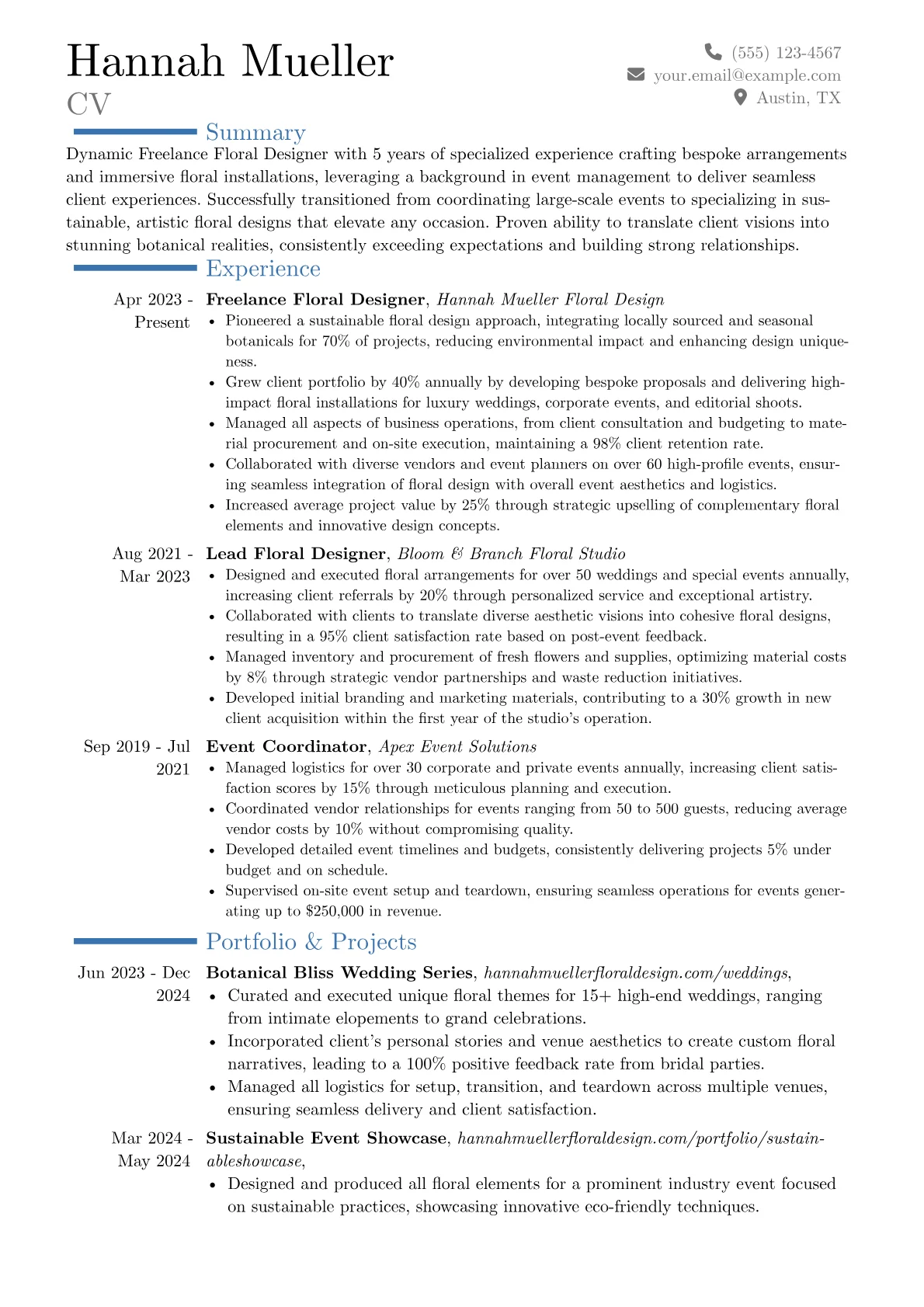 Freelance Floral Designer resume example, Career changer, page 1
