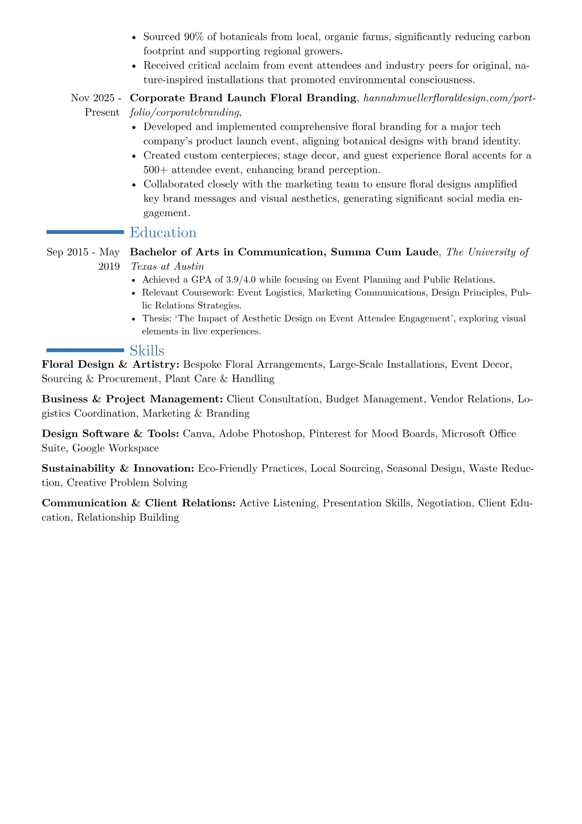 Freelance Floral Designer resume example, Career changer, page 2