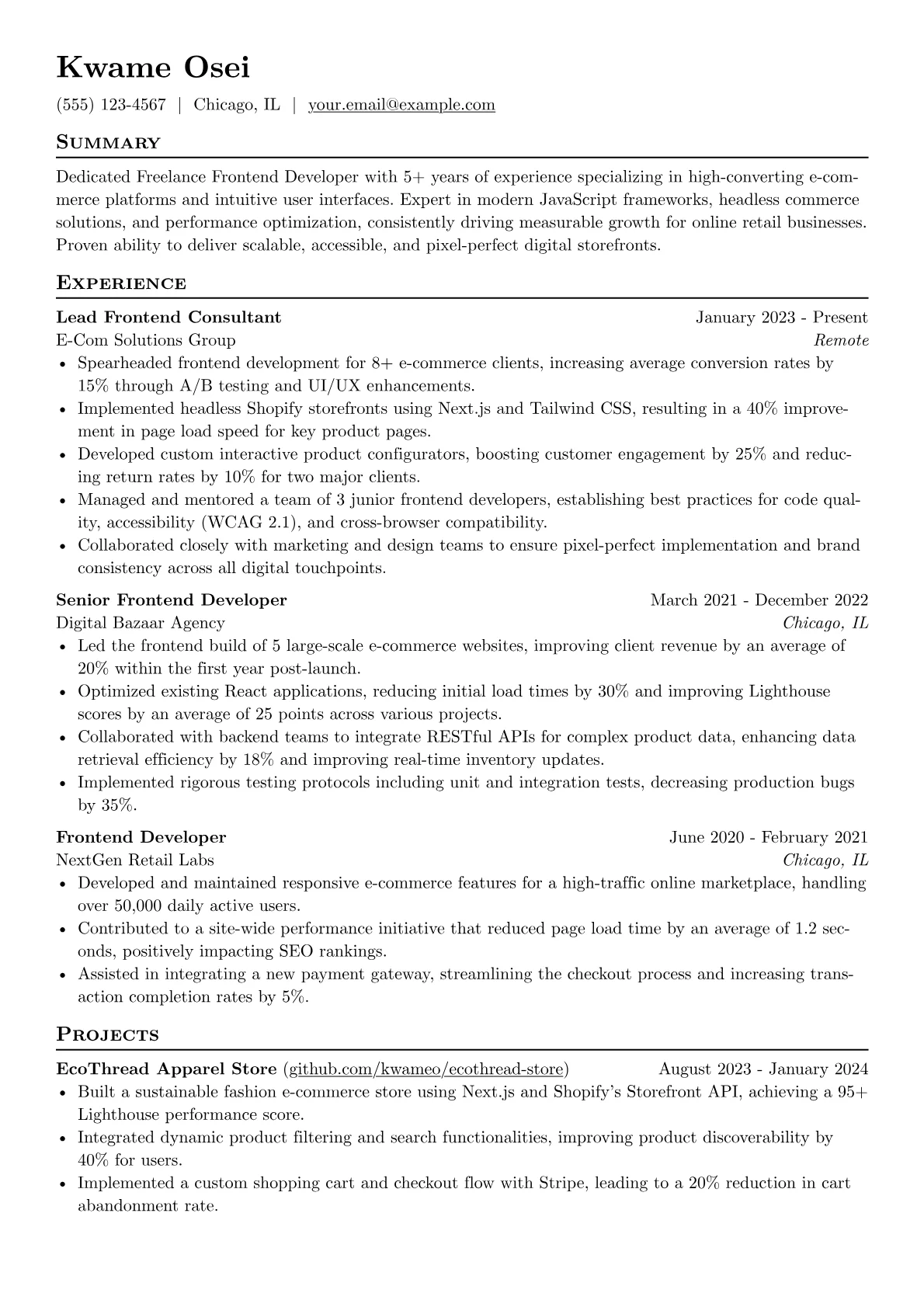 Freelance Frontend Developer resume example, Freelance E-commerce, page 1