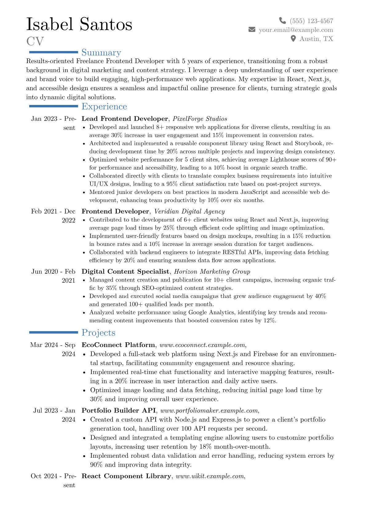 Freelance Frontend Developer resume example, Career changer, page 1