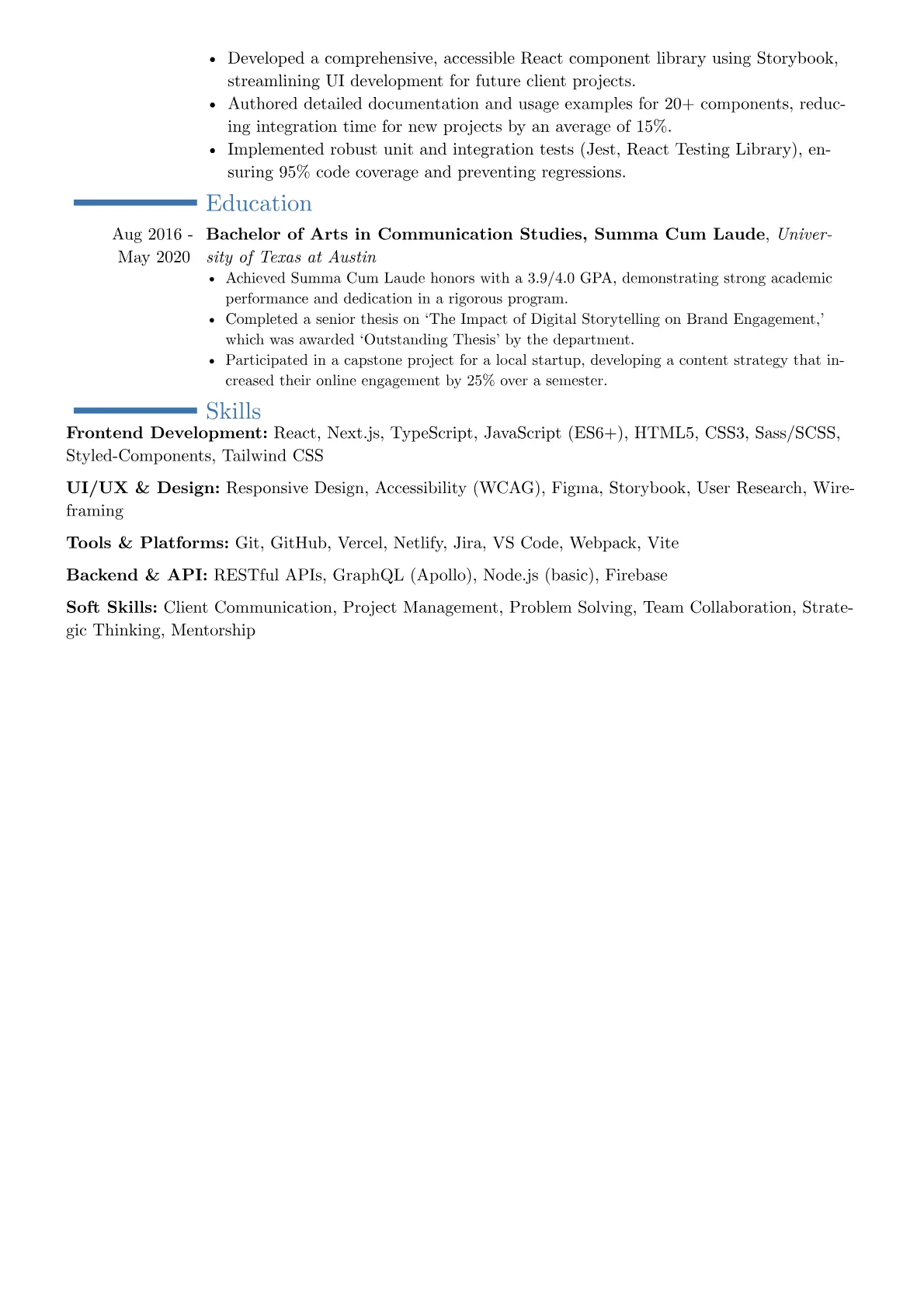 Freelance Frontend Developer resume example, Career changer, page 2