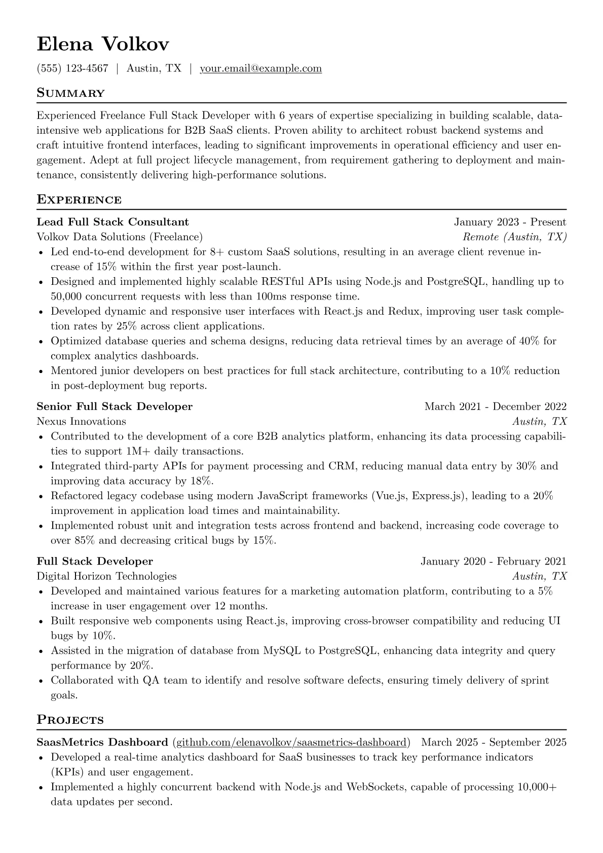 Freelance Full Stack Developer resume example, Backend Development, page 1