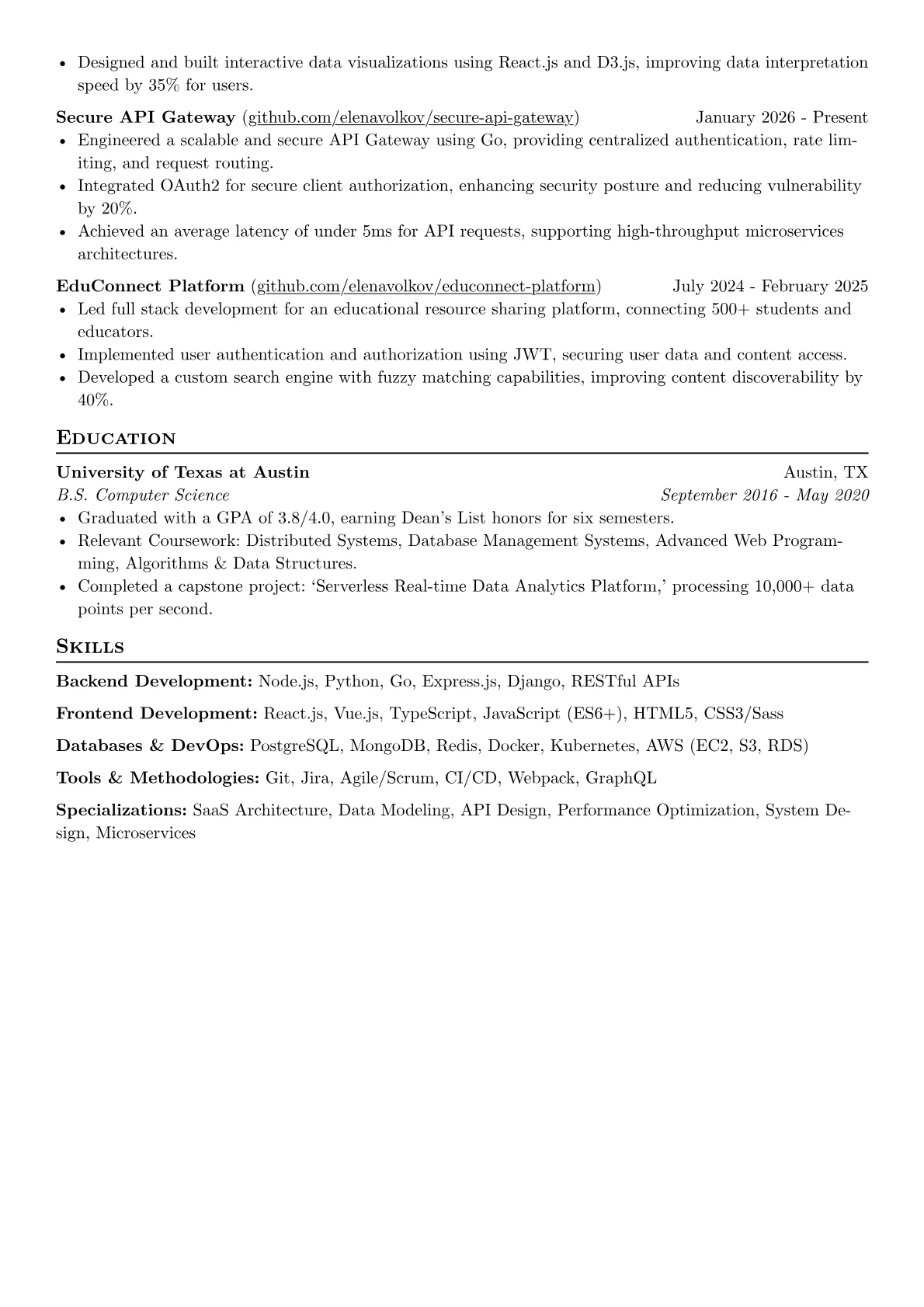 Freelance Full Stack Developer resume example, Backend Development, page 2