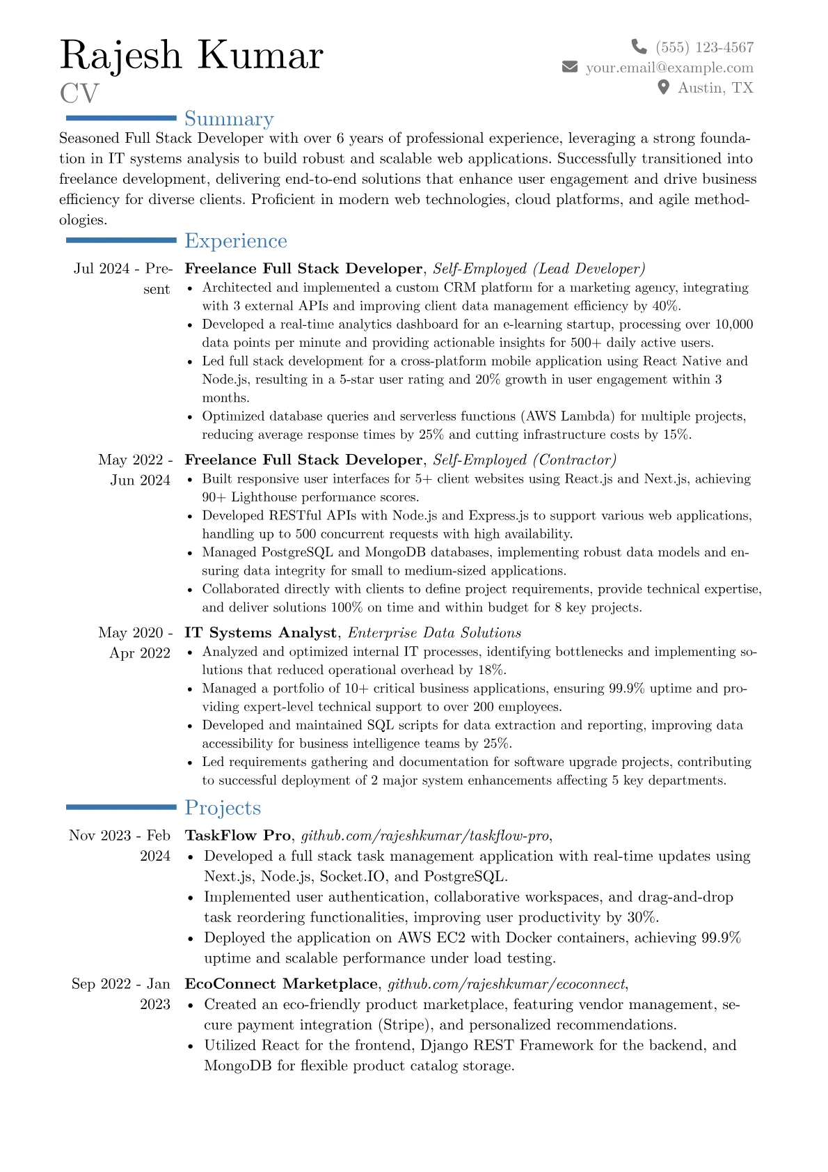 Freelance Full Stack Developer resume example, Career changer, page 1