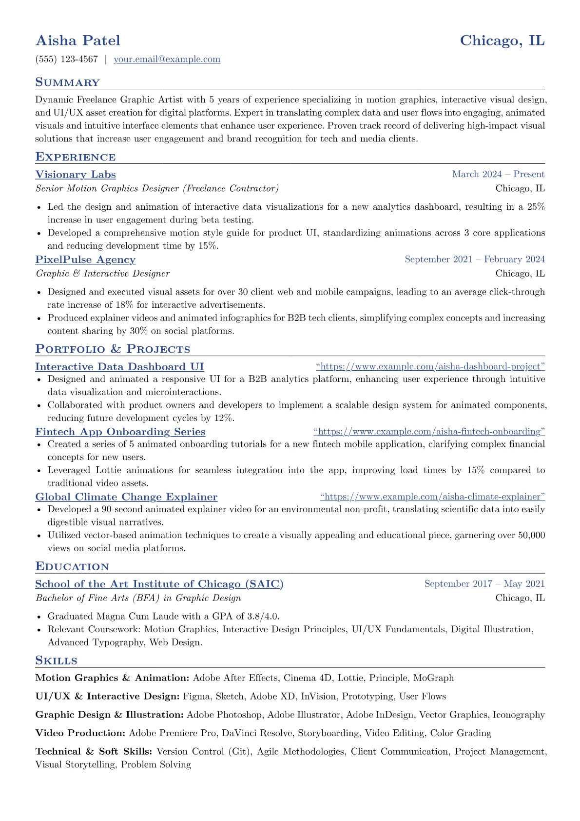 Freelance Graphic Artist resume example, Motion Graphics, page 1