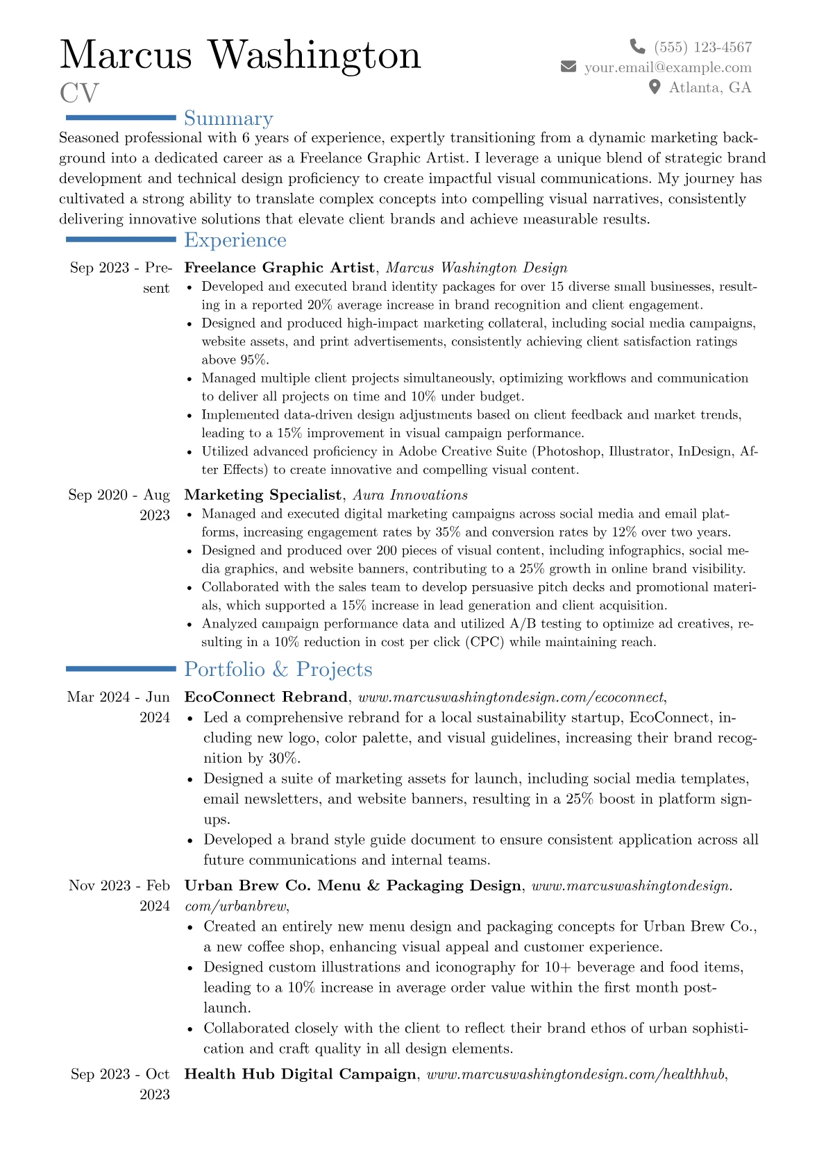 Freelance Graphic Artist resume example, Career changer, page 1